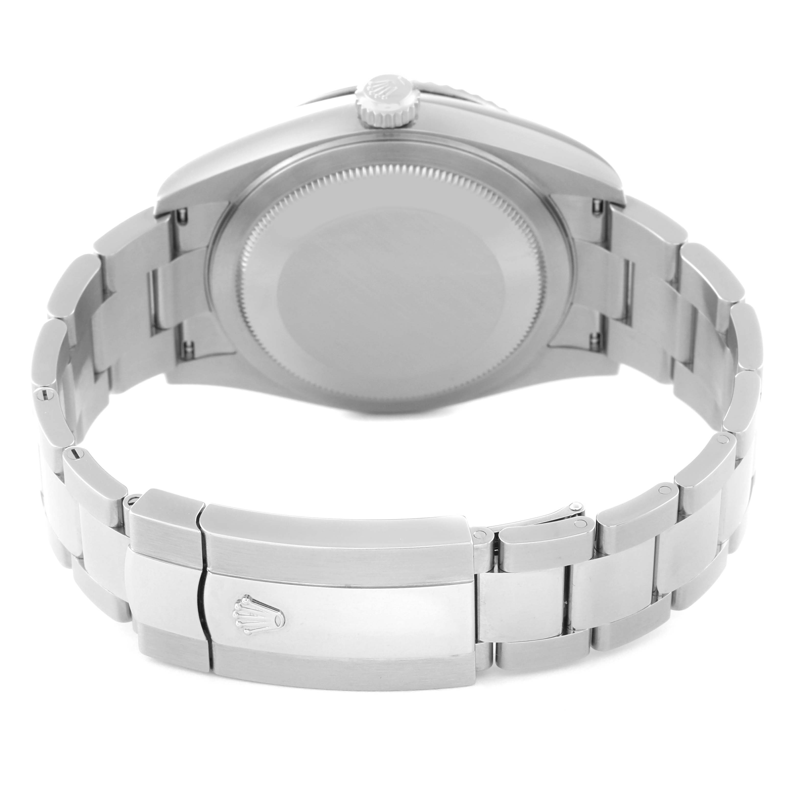 The image shows the back view of a Rolex Sky-Dweller 326934 Men
s Stainless Steel White Dial 326934 Men
s Stainless Steel White Dial watch, highlighting its closed clasp and bracelet.