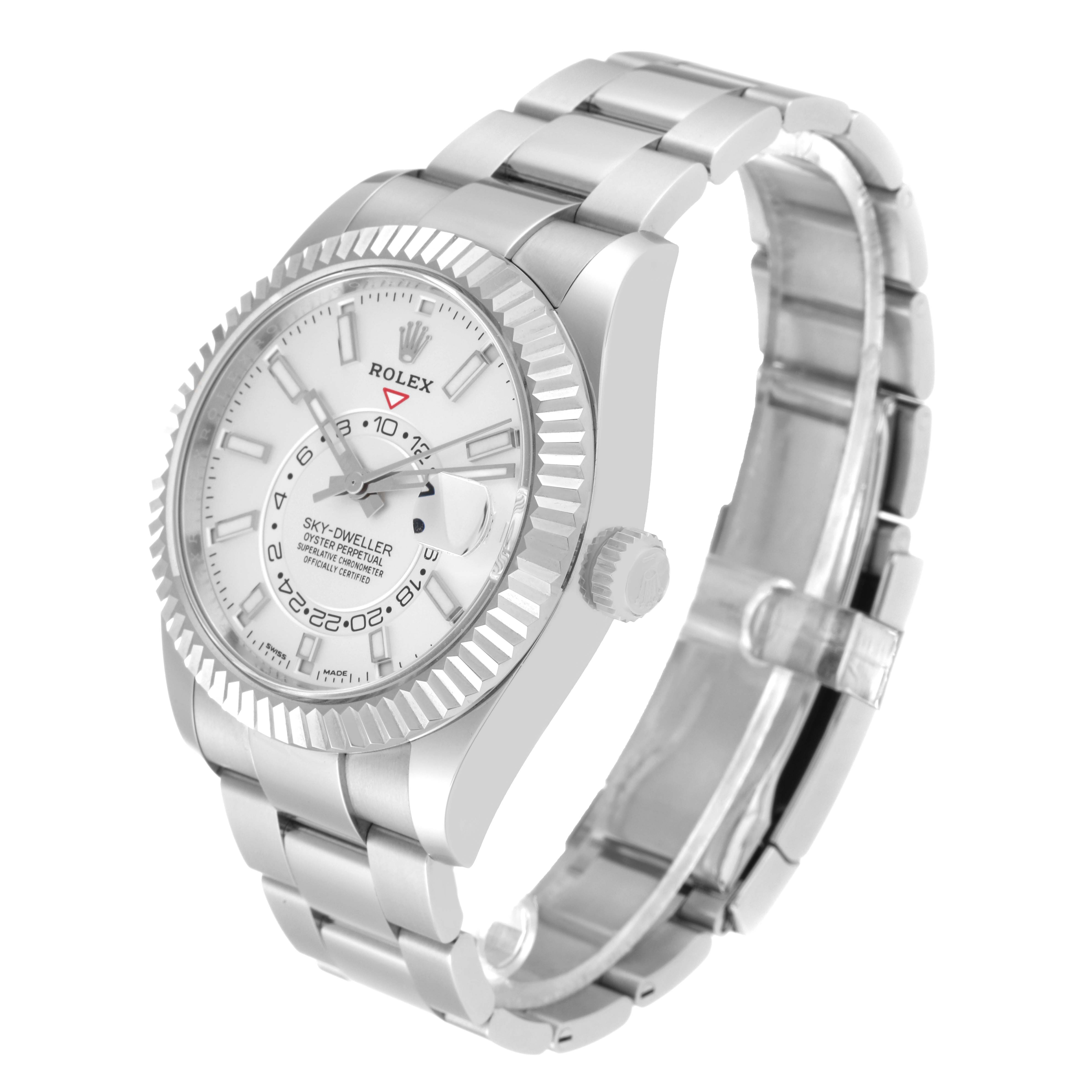 The image shows a three-quarter angled view of the Rolex Sky-Dweller 326934 Men
s Stainless Steel White Dial 326934 Men
s Stainless Steel White Dial watch, highlighting the face, bezel, crown, and bracelet.