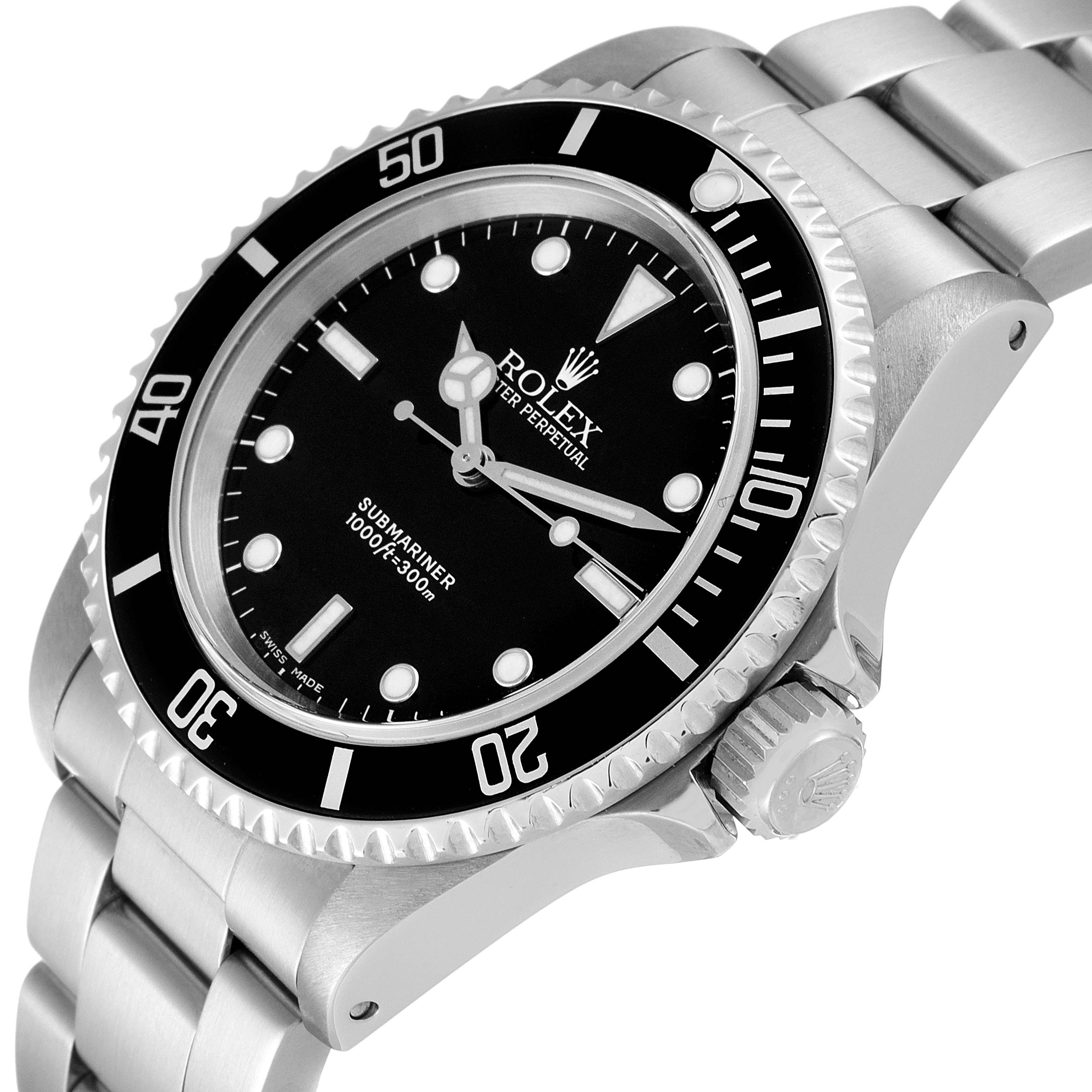 The image shows a Rolex Submariner 14060 Men
s Stainless Steel Black Dial 14060 Men
s Stainless Steel Black Dial watch at an angled view, highlighting the bezel, crown, and bracelet.
