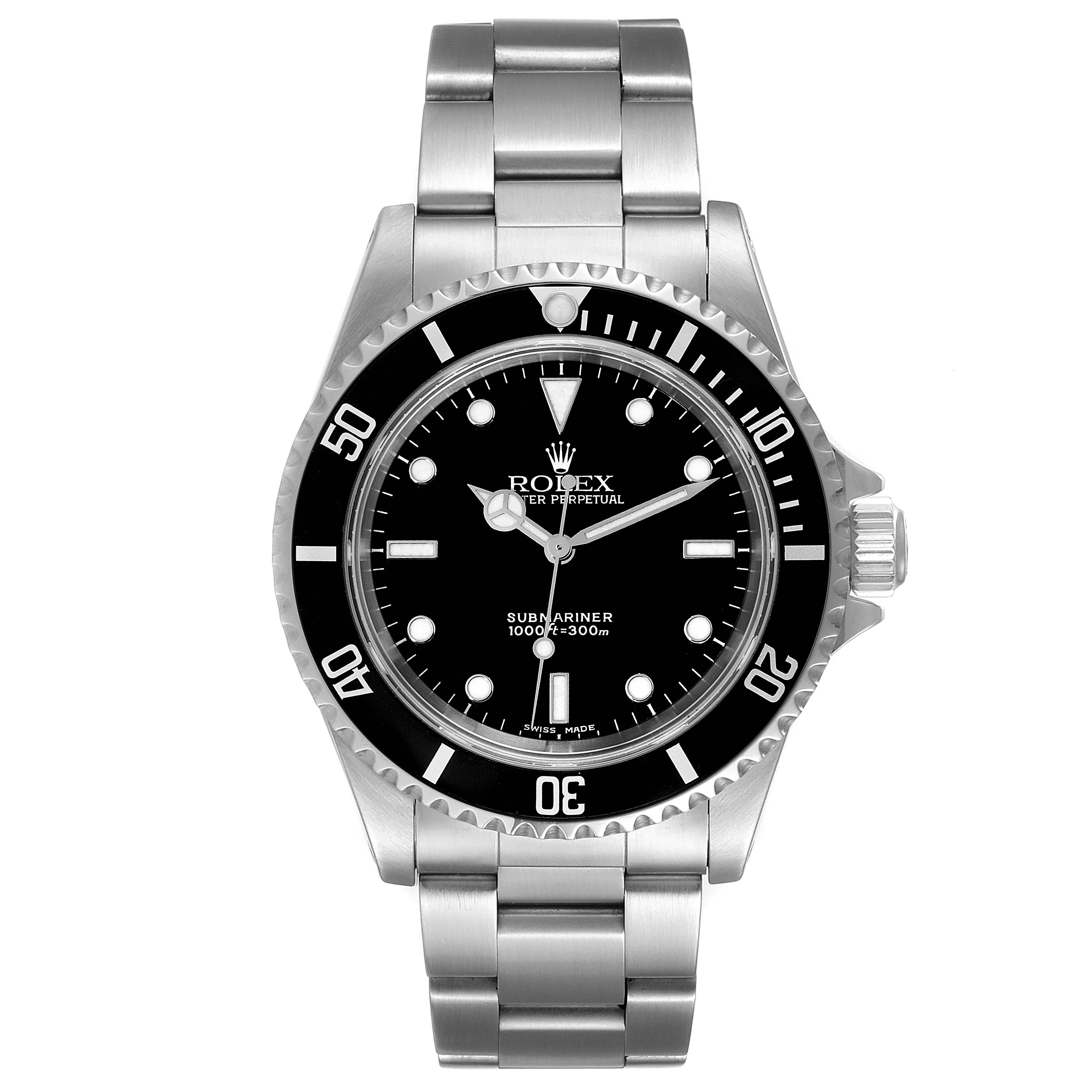 This image shows a front view of the Rolex Submariner 14060 Men
s Stainless Steel Black Dial 14060 Men
s Stainless Steel Black Dial watch, displaying its dial, bezel, crown, and bracelet.