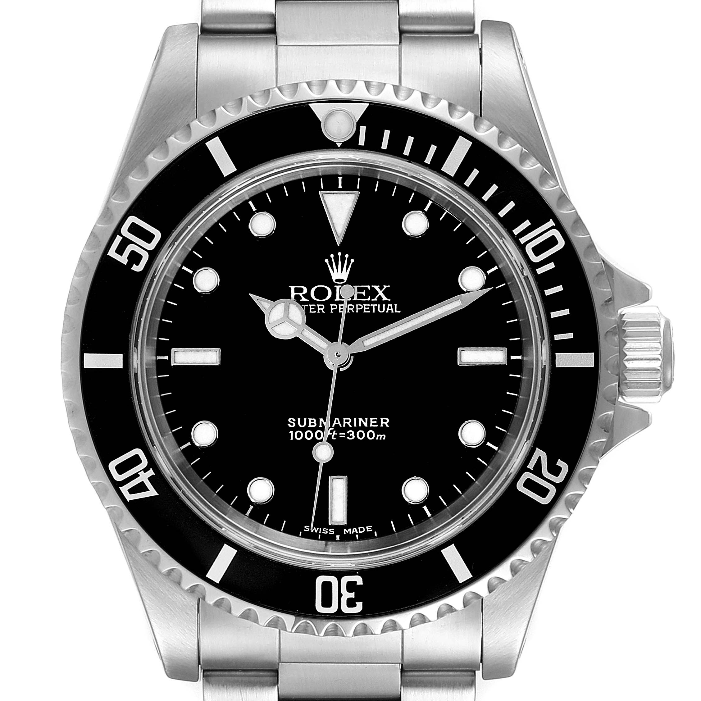 The image shows a front view of the Rolex Submariner 14060 Men
s Stainless Steel Black Dial 14060 Men
s Stainless Steel Black Dial watch, displaying the dial, bezel, and crown.