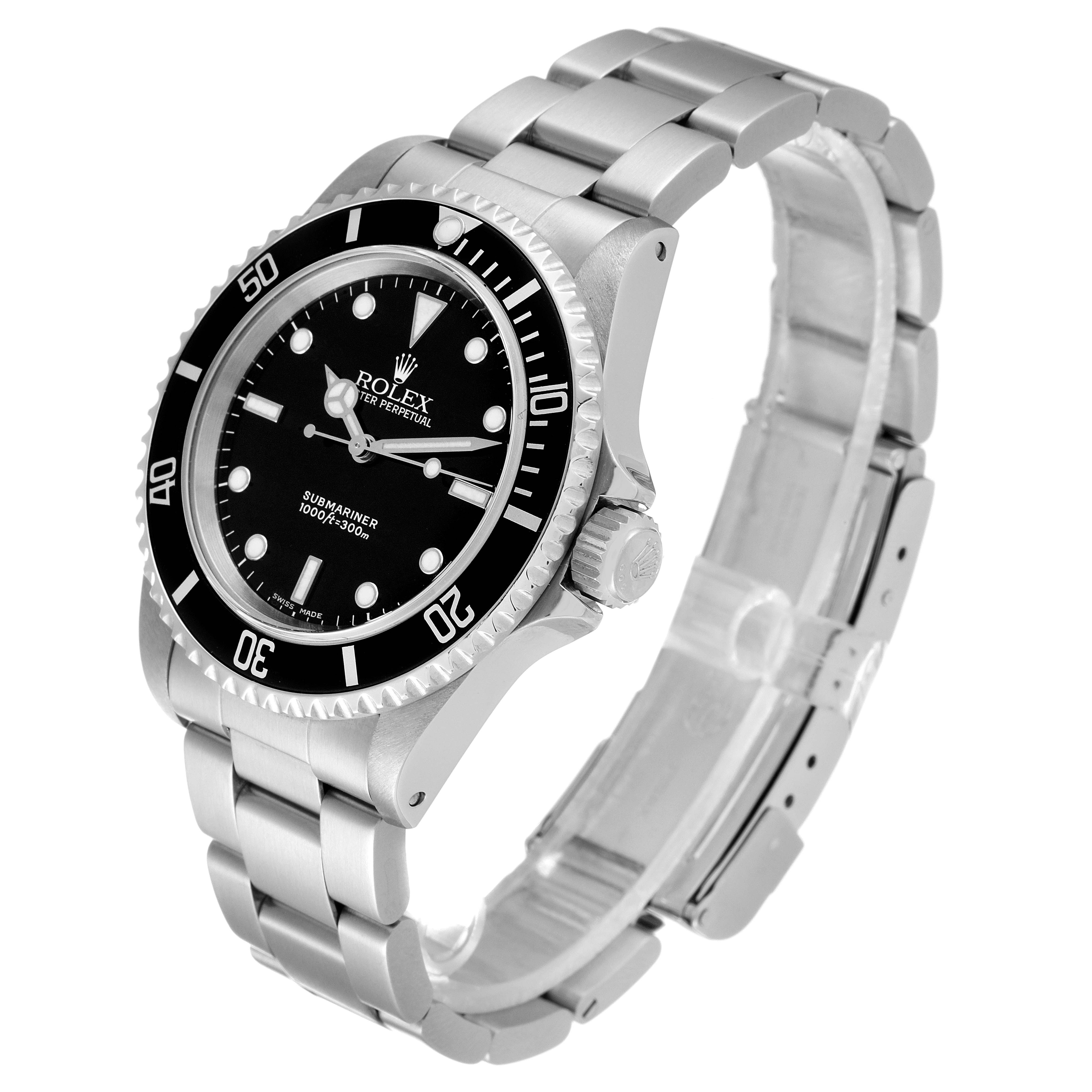 This image shows a Rolex Submariner 14060 Men
s Stainless Steel Black Dial 14060 Men
s Stainless Steel Black Dial watch at an angled view, highlighting the face, bezel, crown, and stainless steel bracelet.