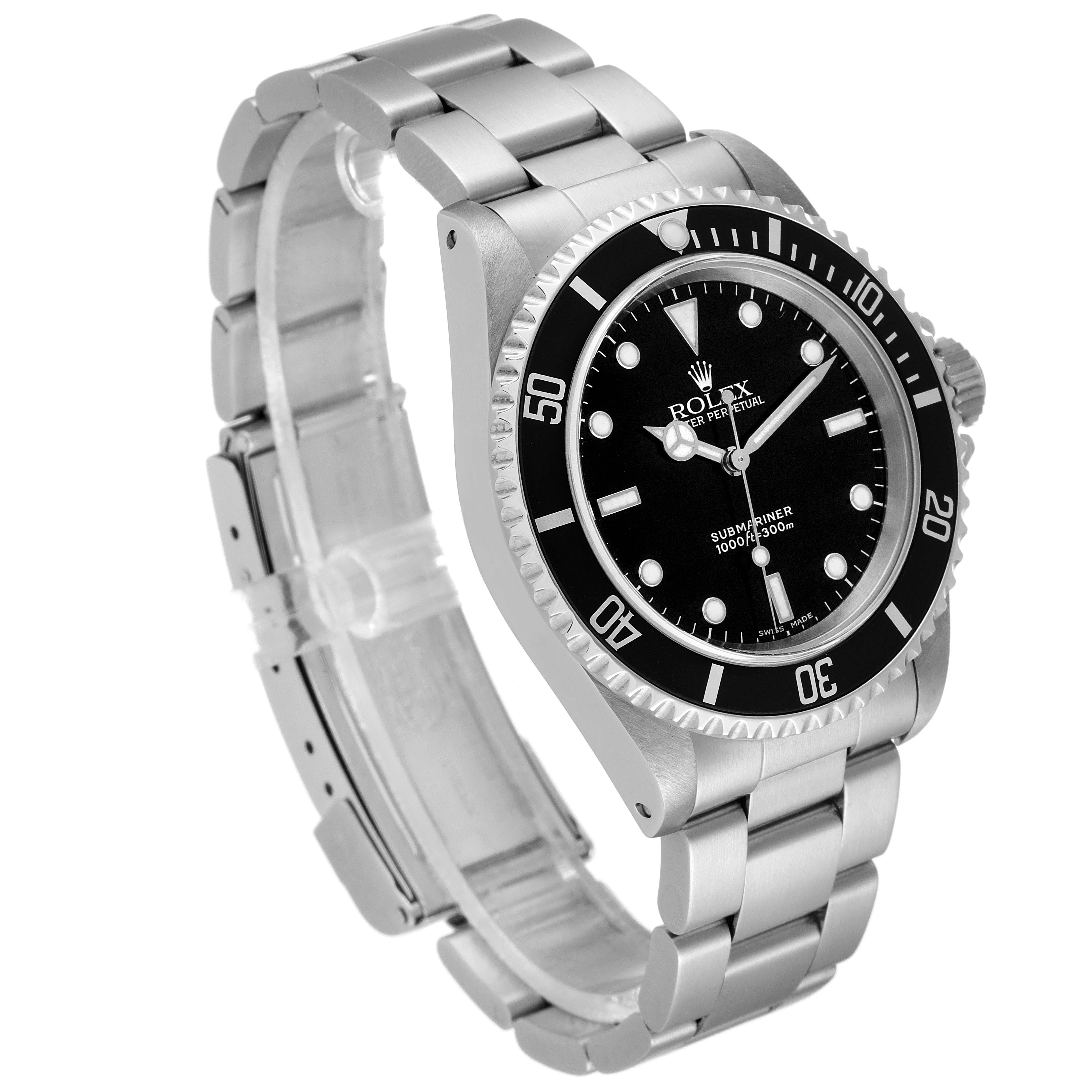 The image shows a side angle view of the Rolex Submariner 14060 Men
s Stainless Steel Black Dial 14060 Men
s Stainless Steel Black Dial, highlighting its bezel, dial, and metal bracelet.