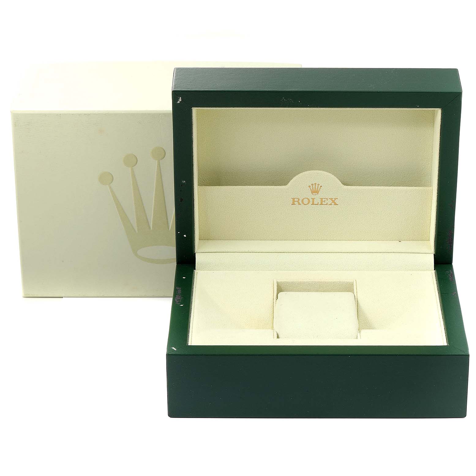 The image shows a green Rolex Submariner 16613 Men's Steel and Gold (two tone) Blue Dial 16613 Men's Steel and Gold (two tone) Blue Dial watch box with an open lid displaying the interior, and an outer box in the background.