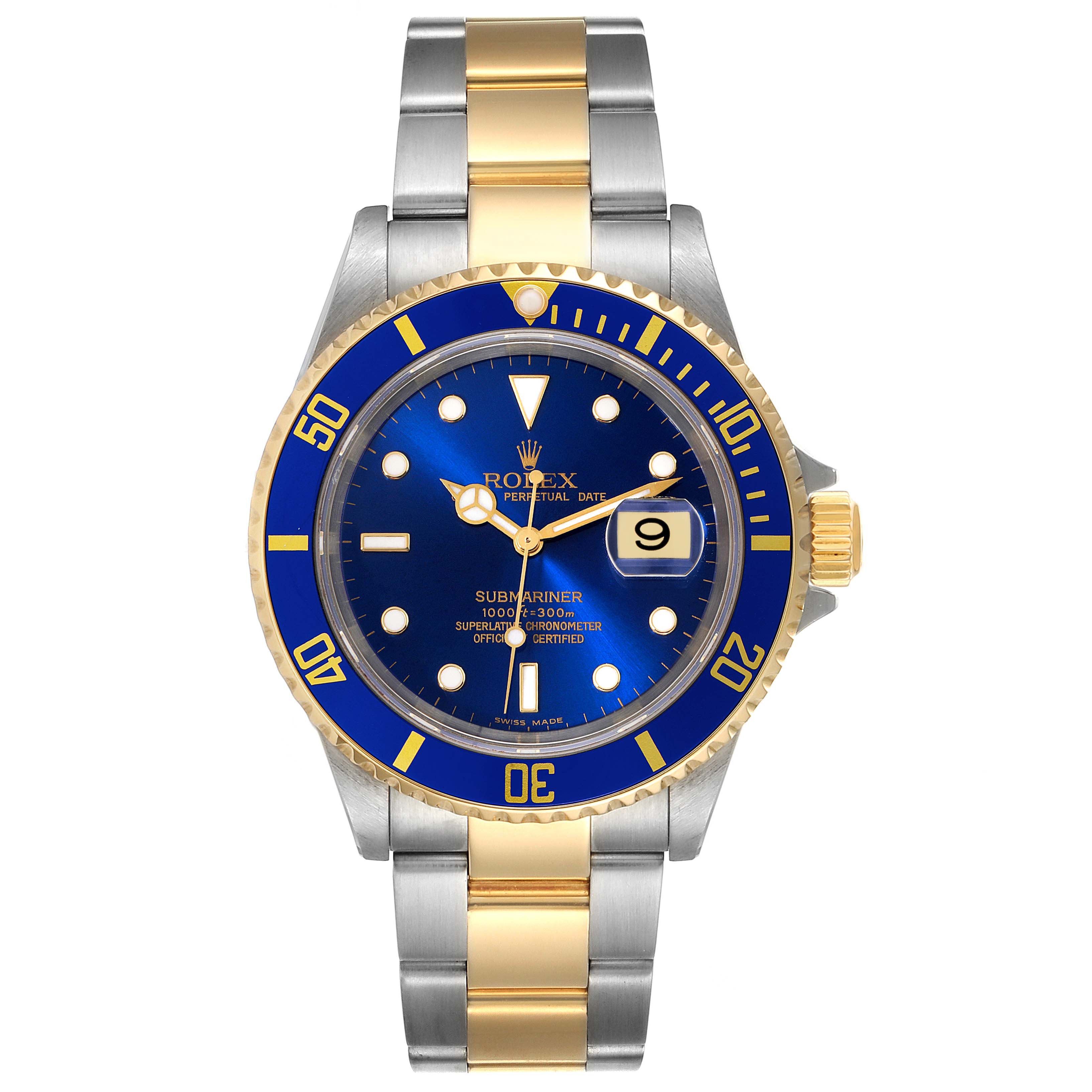 The image shows a front view of the Rolex Submariner 16613 Men's Steel and Gold (two tone) Blue Dial 16613 Men's Steel and Gold (two tone) Blue Dial watch, highlighting its blue dial, bezel, and two-tone bracelet.