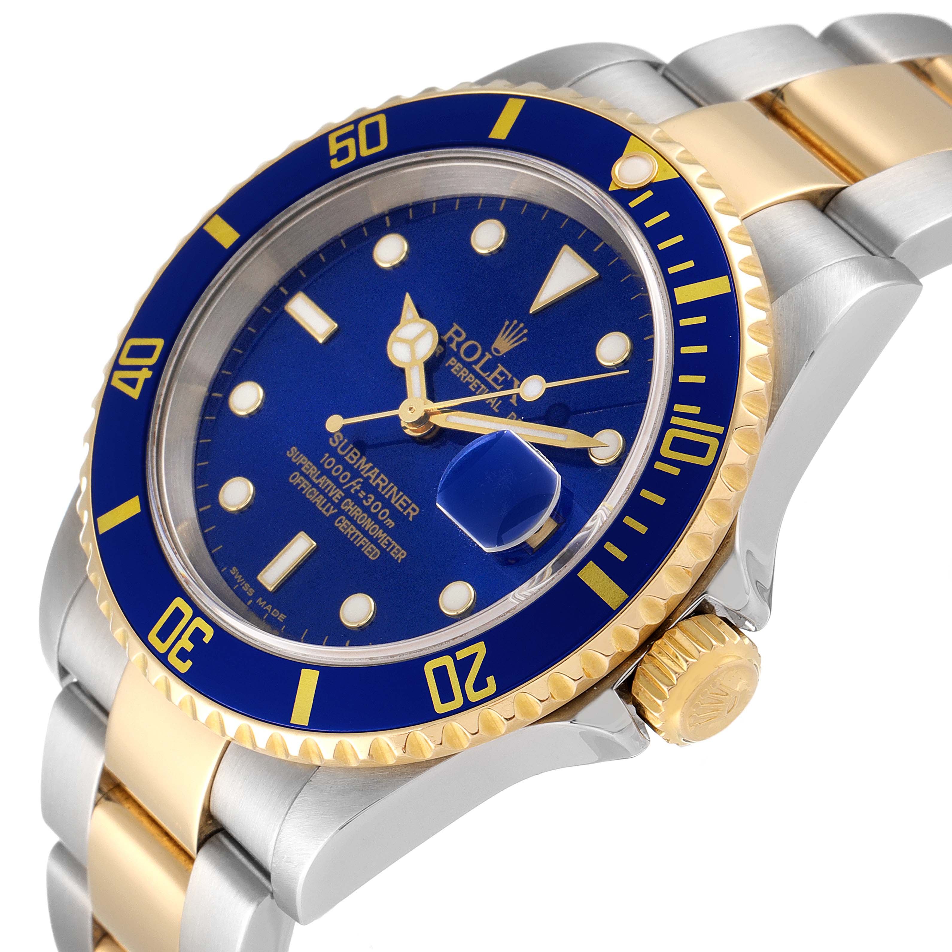 The Rolex Submariner 16613 Men's Steel and Gold (two tone) Blue Dial 16613 Men's Steel and Gold (two tone) Blue Dial watch is shown at a three-quarter angle, highlighting its blue dial, bezel, and two-tone bracelet.