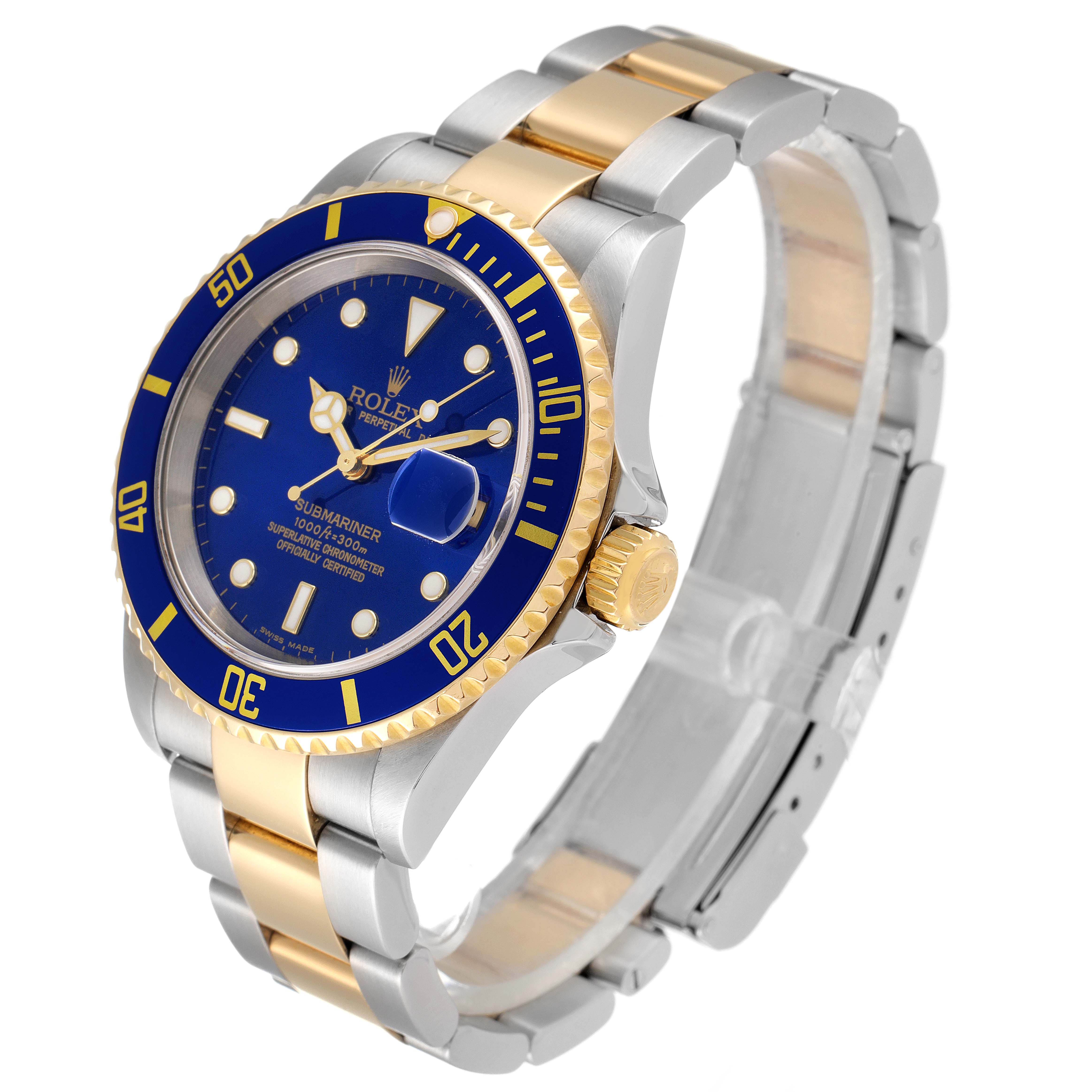 The image shows a Rolex Submariner 16613 Men's Steel and Gold (two tone) Blue Dial 16613 Men's Steel and Gold (two tone) Blue Dial watch at a three-quarter angle, highlighting the dial, bezel, crown, and bracelet.