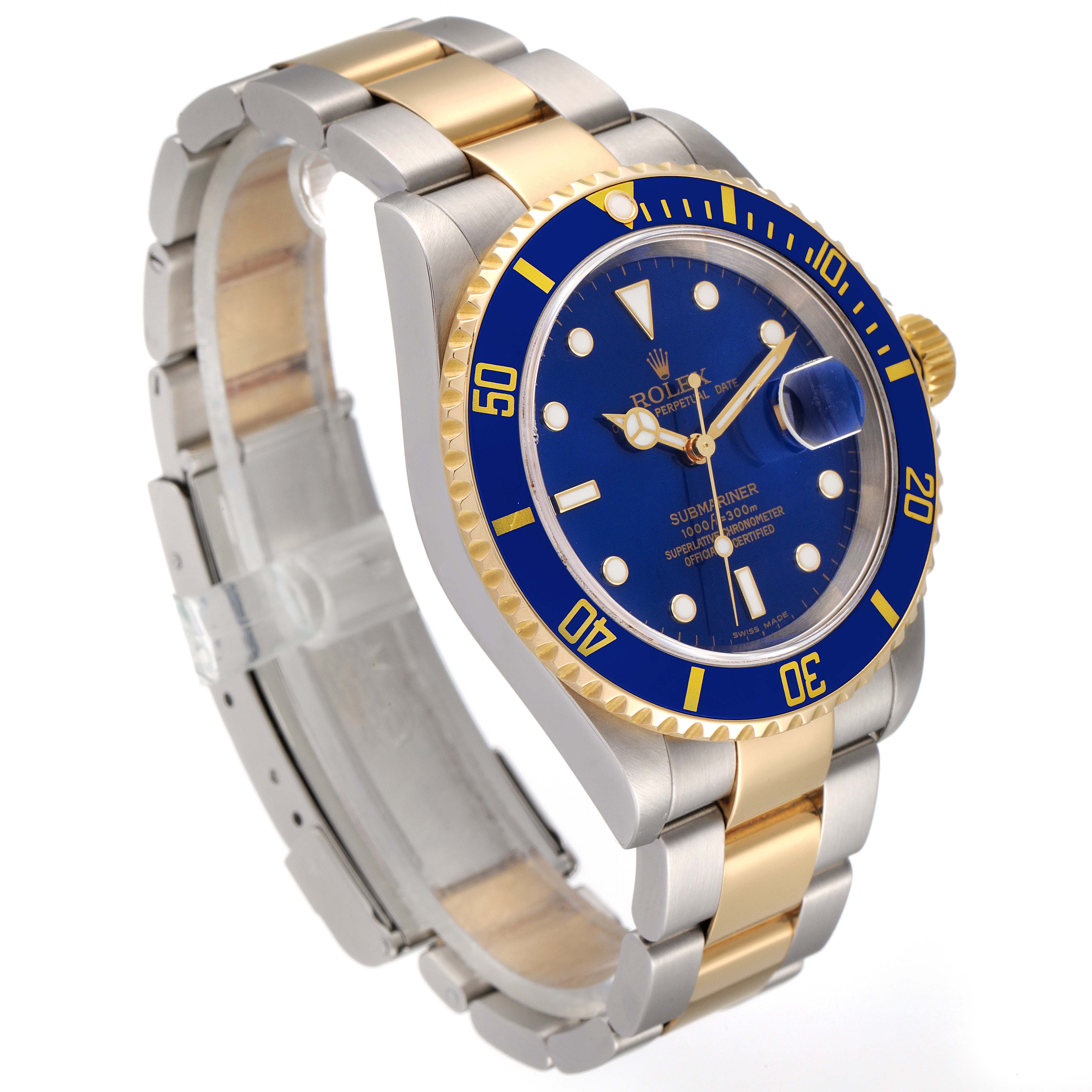 The image shows a Rolex Submariner 16613 Men's Steel and Gold (two tone) Blue Dial 16613 Men's Steel and Gold (two tone) Blue Dial watch at an angled side view, highlighting the stainless steel and gold bracelet, blue dial, and bezel.