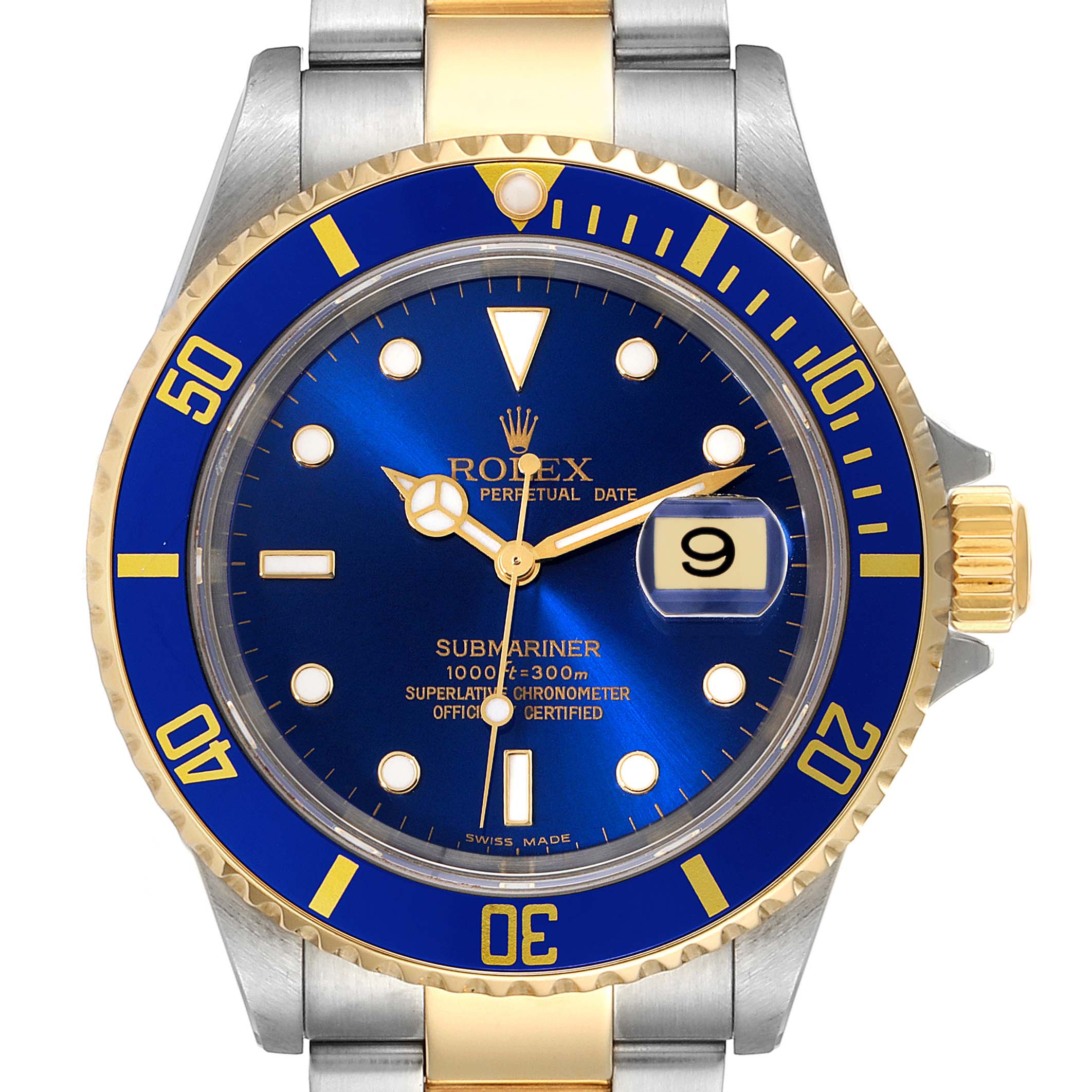 The image shows a front view of a Rolex Submariner 16613 Men's Steel and Gold (two tone) Blue Dial 16613 Men's Steel and Gold (two tone) Blue Dial watch featuring a blue dial and bezel with gold accents.
