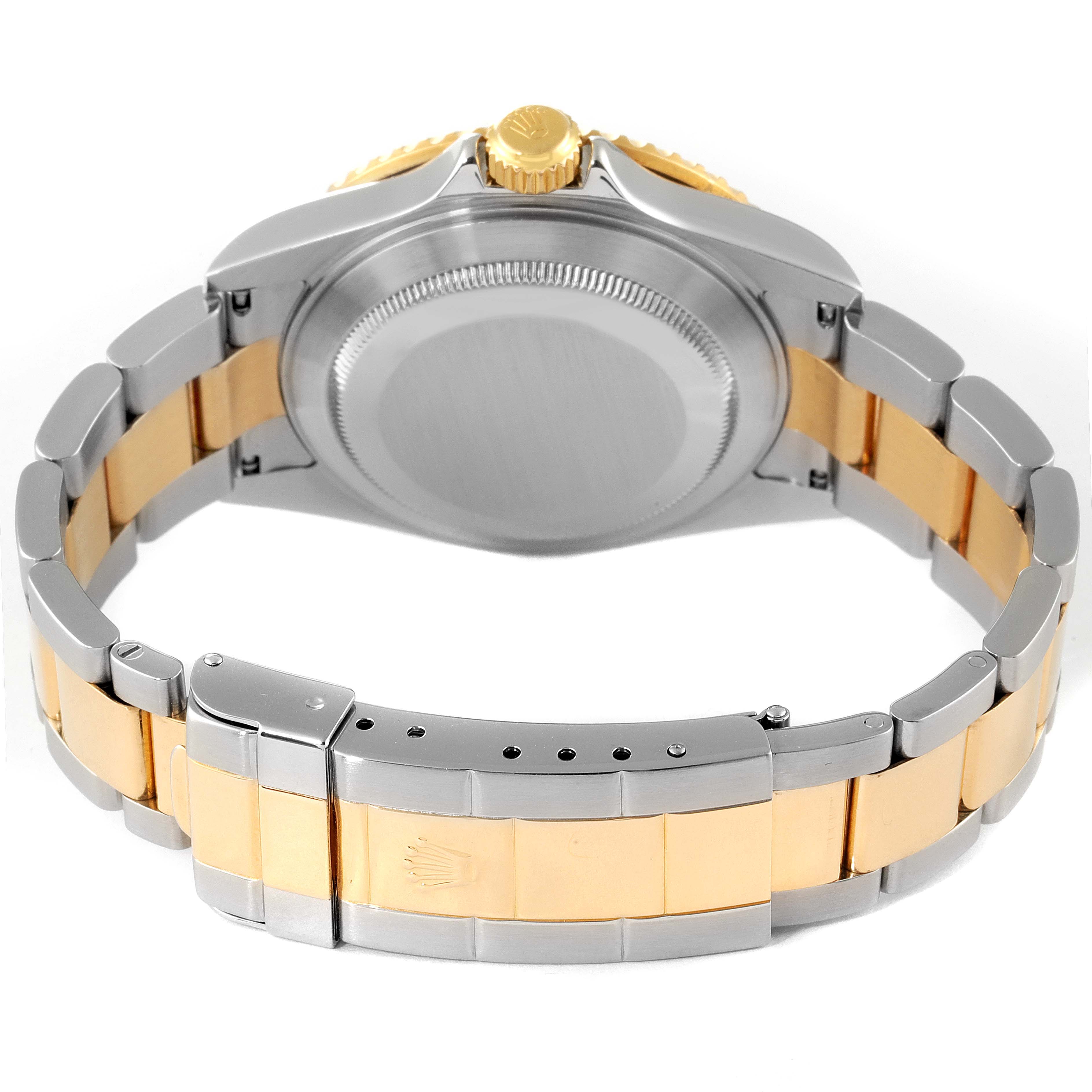 The image shows the case back, crown, and bracelet of a Rolex Submariner 16613 Men's Steel and Gold (two tone) Blue Dial 16613 Men's Steel and Gold (two tone) Blue Dial watch from an angled rear view.