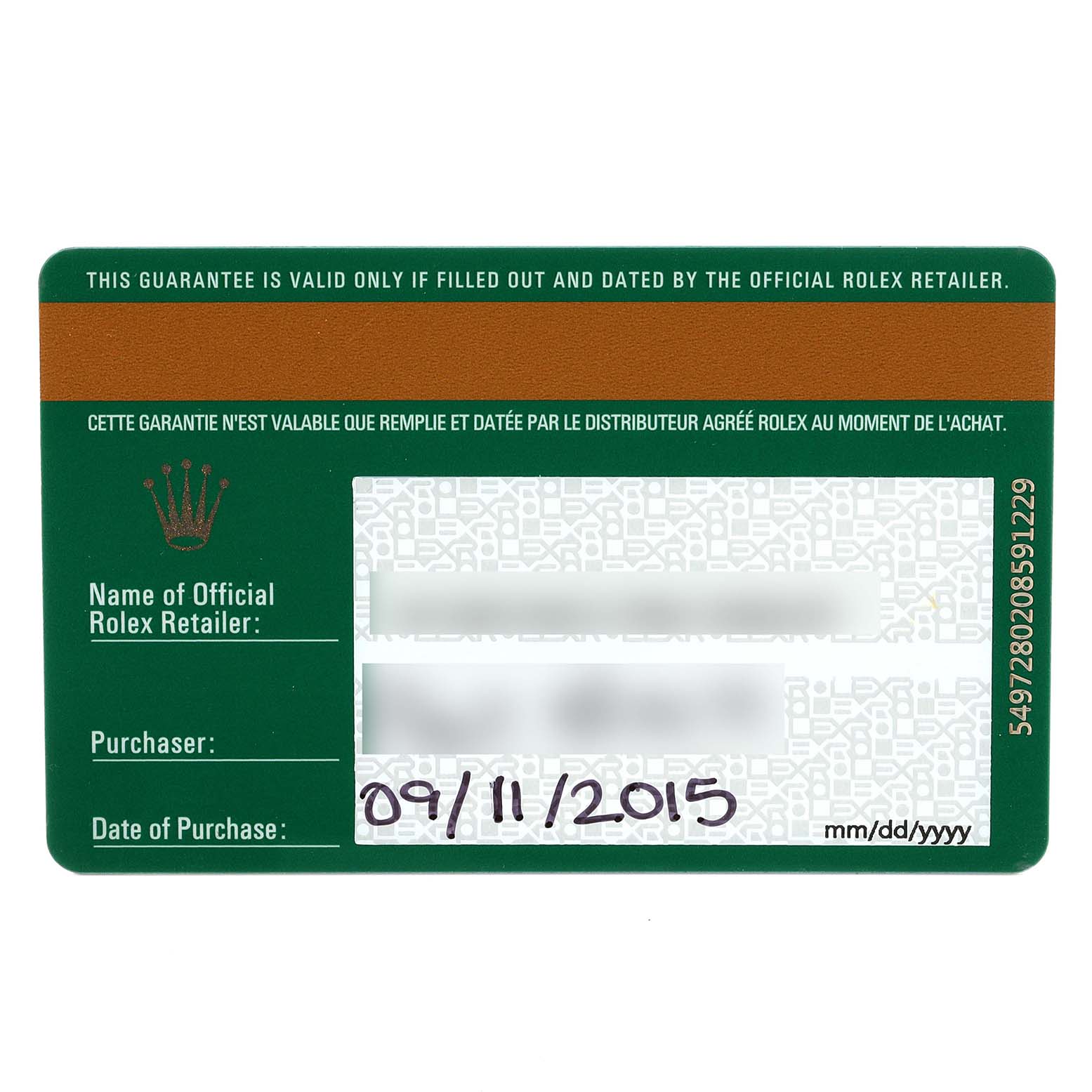 This image shows the guarantee card for a Rolex Submariner 116610LV Men
s Stainless Steel Green Dial 116610LV Men
s Stainless Steel Green Dial watch, detailing the purchase date and retailer information.