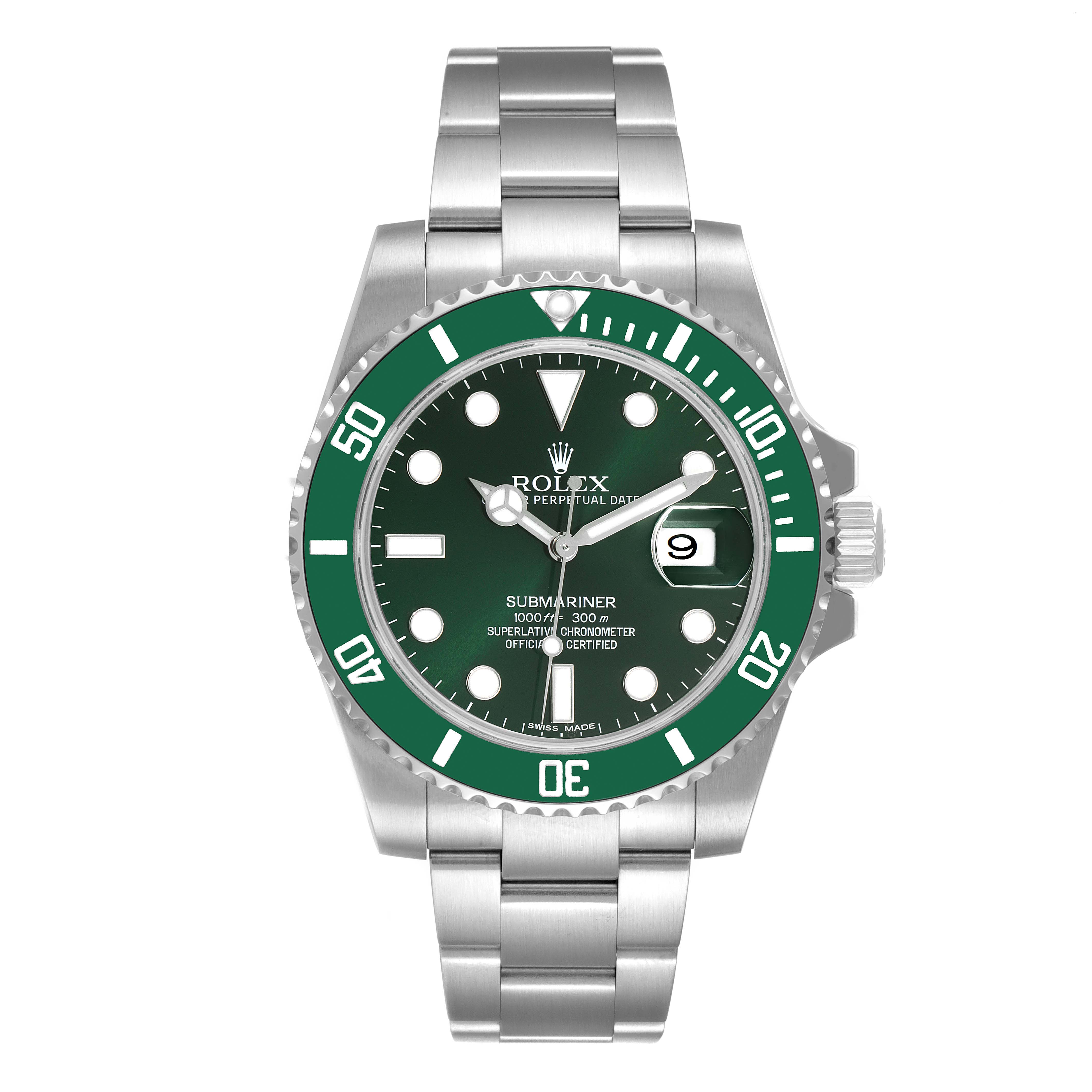 The image shows a full front view of a Rolex Submariner 116610LV Men
s Stainless Steel Green Dial 116610LV Men
s Stainless Steel Green Dial watch with a green bezel and stainless steel bracelet.