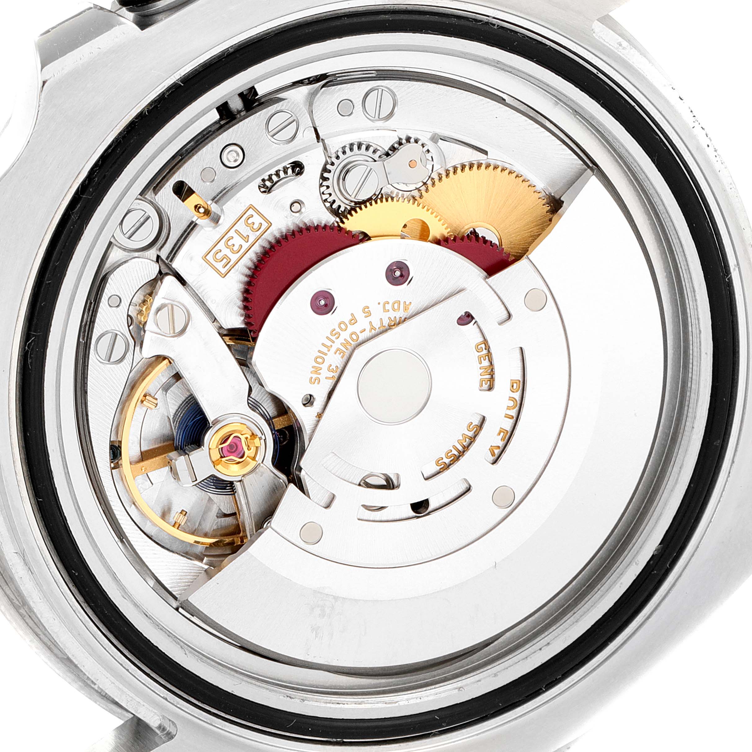 This image shows a close-up view of the movement assembly of a Rolex Submariner 116610LV Men
s Stainless Steel Green Dial 116610LV Men
s Stainless Steel Green Dial watch from the back.