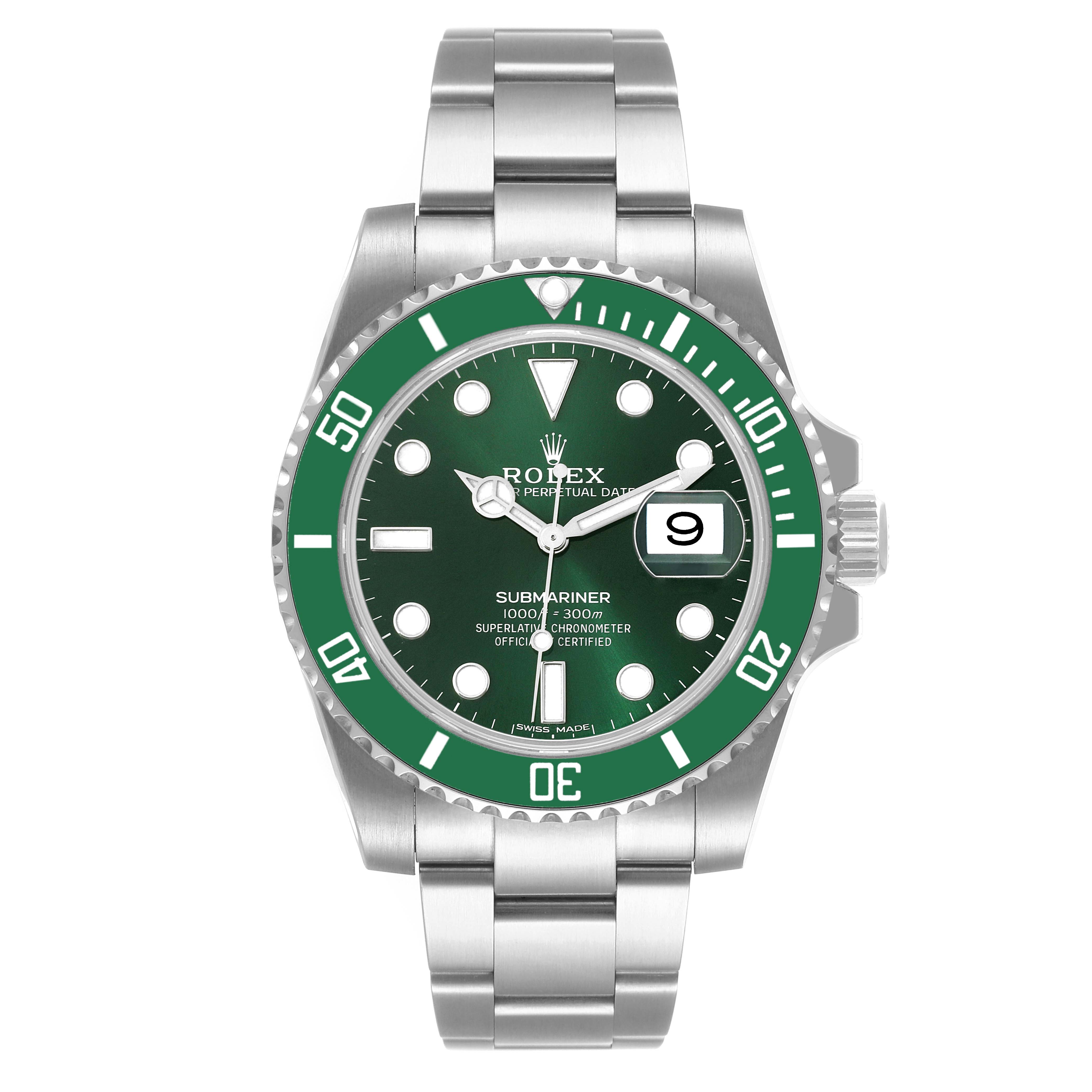 The image shows a front view of a Rolex Submariner 116610LV Men
s Stainless Steel Green Dial 116610LV Men
s Stainless Steel Green Dial watch featuring a green bezel and dial.