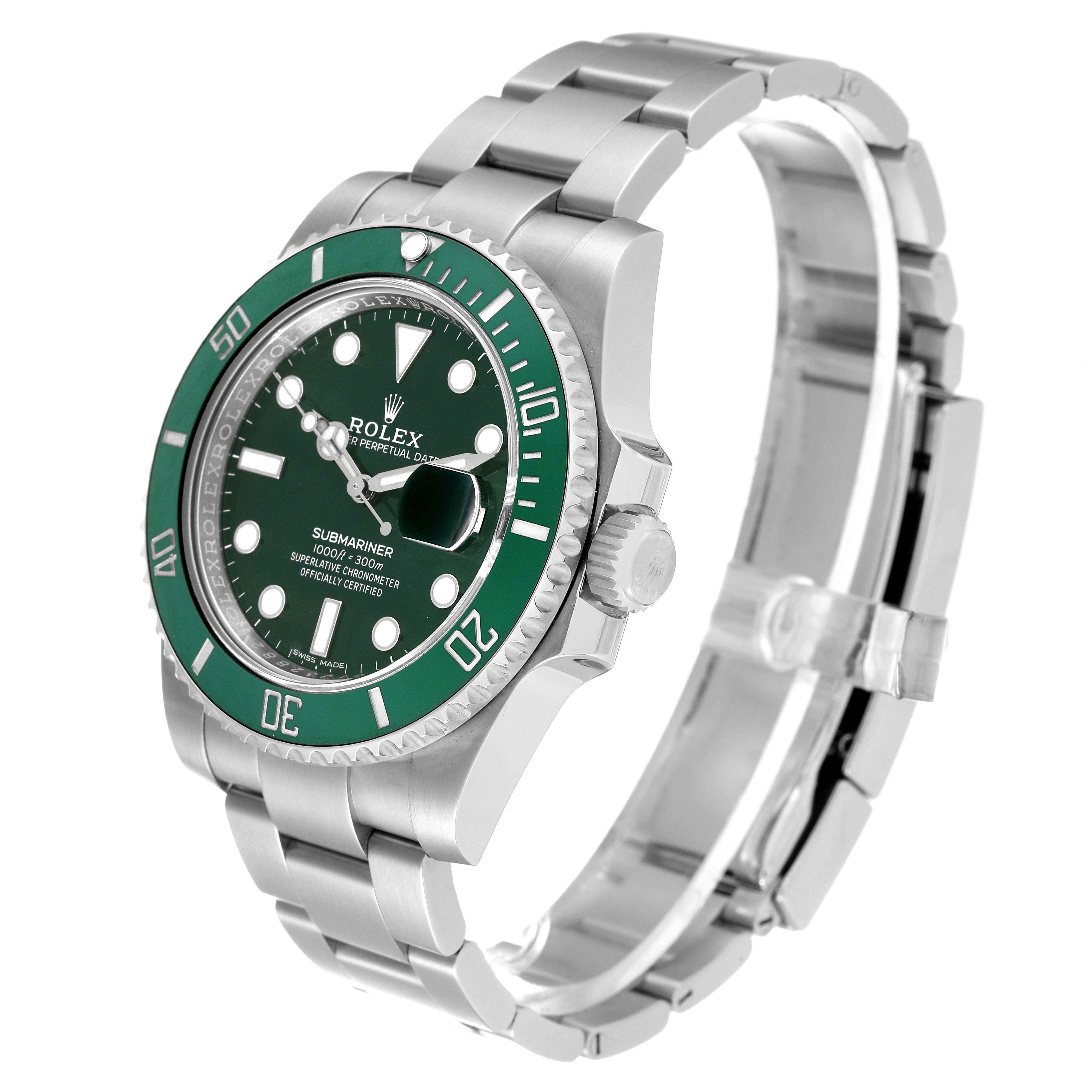 The image shows a Rolex Submariner 116610LV Men
s Stainless Steel Green Dial 116610LV Men
s Stainless Steel Green Dial watch at a three-quarter angle, highlighting the green bezel, dial, and stainless steel bracelet.