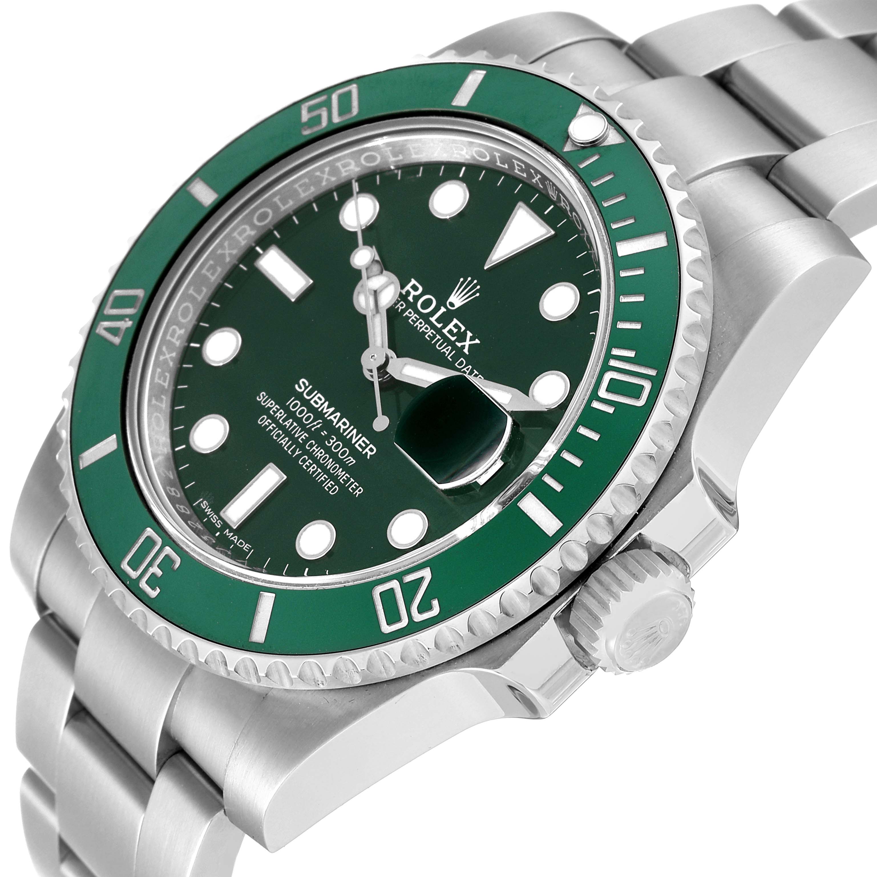 The image shows a Rolex Submariner 116610LV Men
s Stainless Steel Green Dial 116610LV Men
s Stainless Steel Green Dial watch at an angle displaying its green bezel, dial, crown, and part of the bracelet.