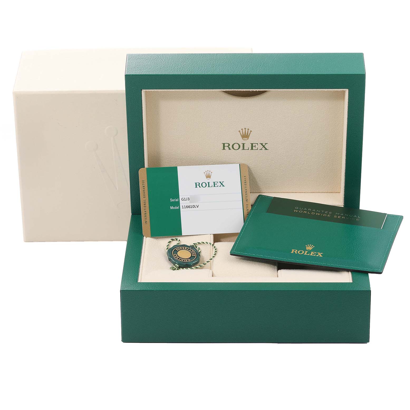 The image shows the packaging, warranty card, and manual for a Rolex Submariner 116610LV Men
s Stainless Steel Green Dial 116610LV Men
s Stainless Steel Green Dial watch.