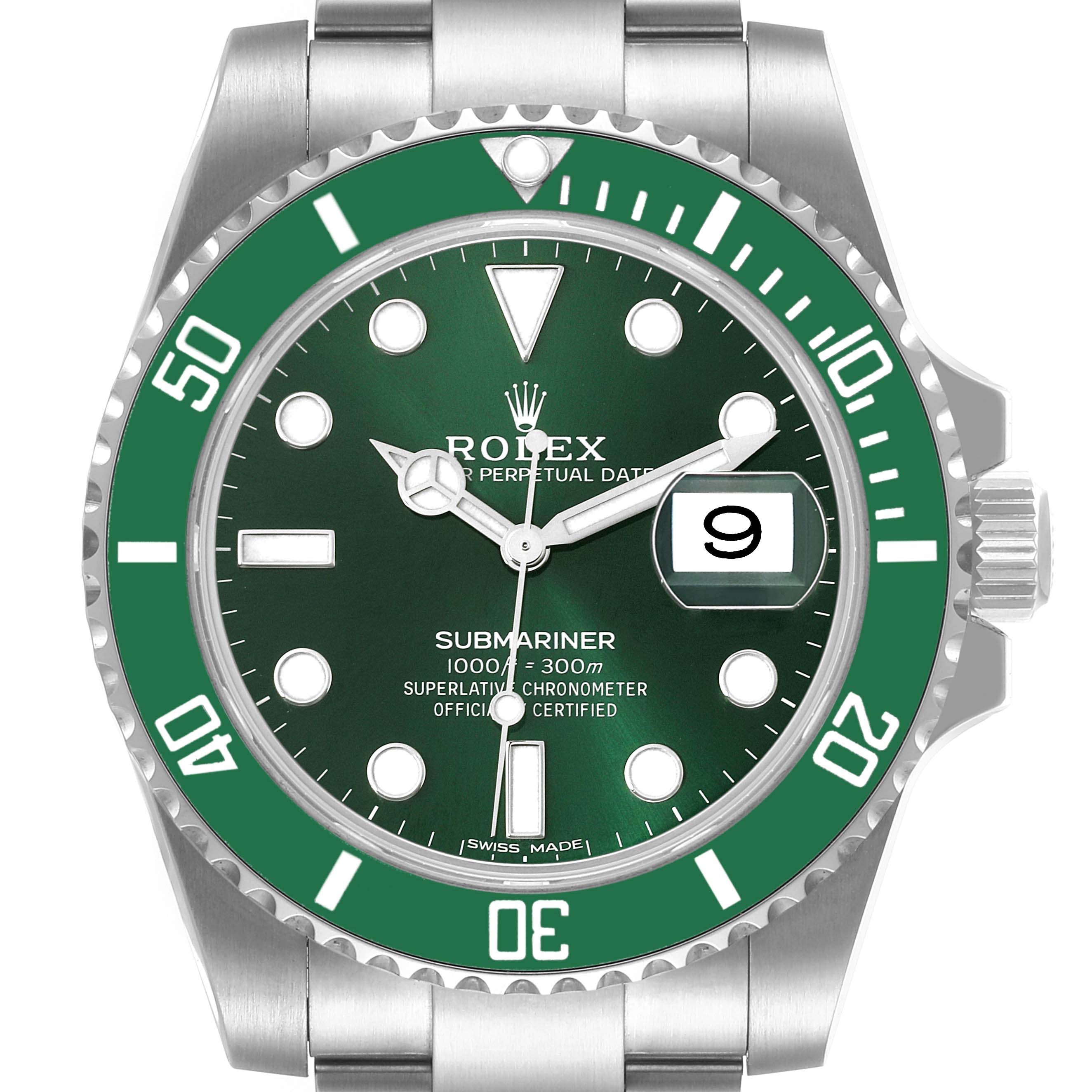 This image shows a front view of a Rolex Submariner 116610LV Men
s Stainless Steel Green Dial 116610LV Men
s Stainless Steel Green Dial watch, highlighting its green dial and bezel, date window, and stainless steel case.