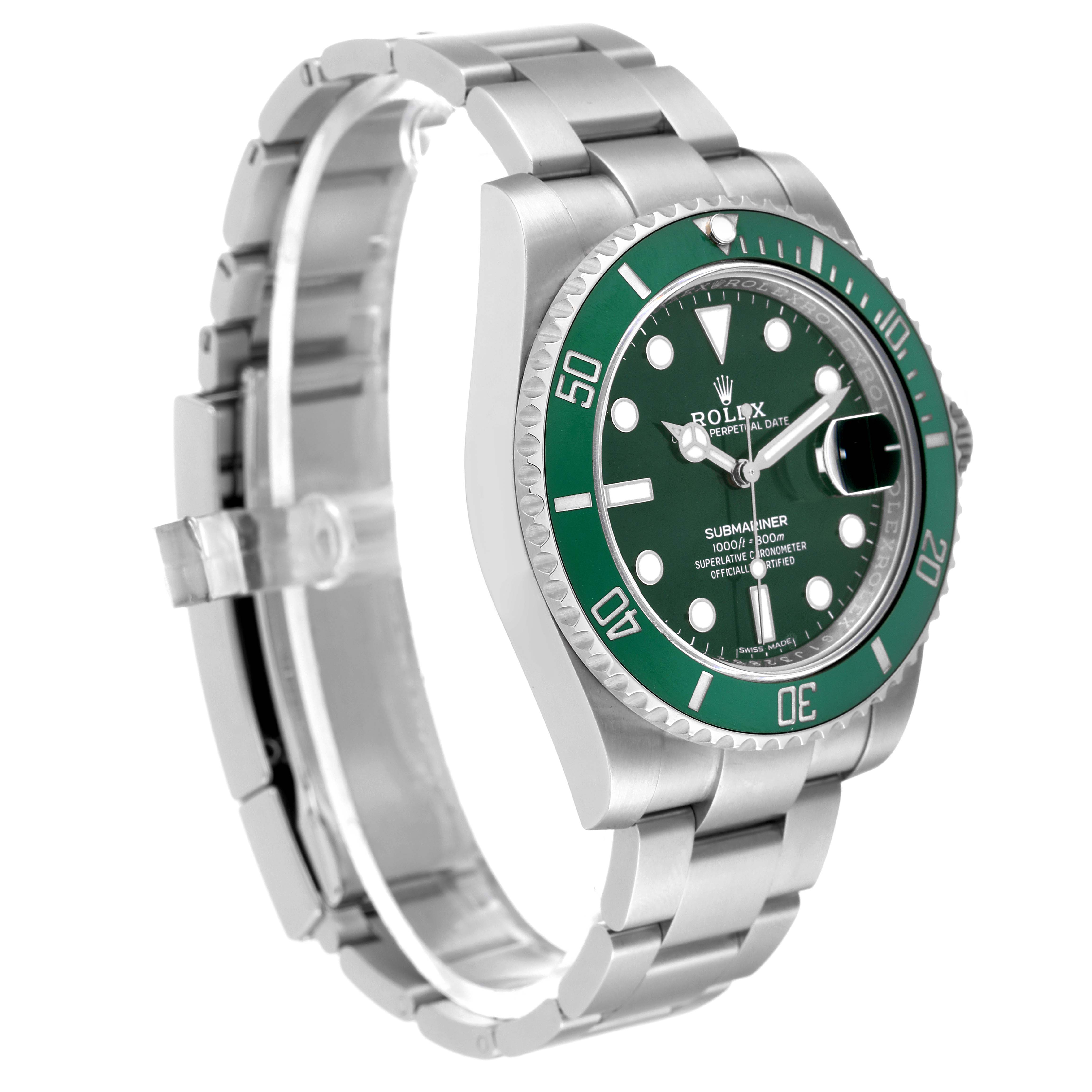 The image shows a side and front view of the Rolex Submariner 116610LV Men
s Stainless Steel Green Dial 116610LV Men
s Stainless Steel Green Dial watch with a green bezel and dial, highlighting the bracelet and clasp.