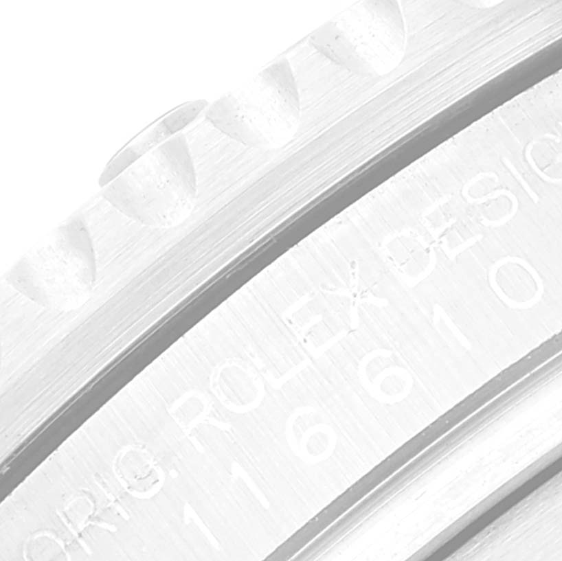 The close-up angle shows the bezel and engraved markings on the side of the Rolex Submariner 116610LV Men
s Stainless Steel Green Dial 116610LV Men
s Stainless Steel Green Dial model.