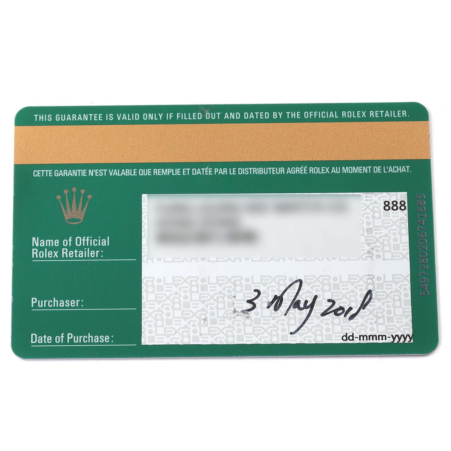 The image shows a warranty card for a Rolex Submariner 116610LV Men
s Stainless Steel Green Dial 116610LV Men
s Stainless Steel Green Dial model, viewed from above.