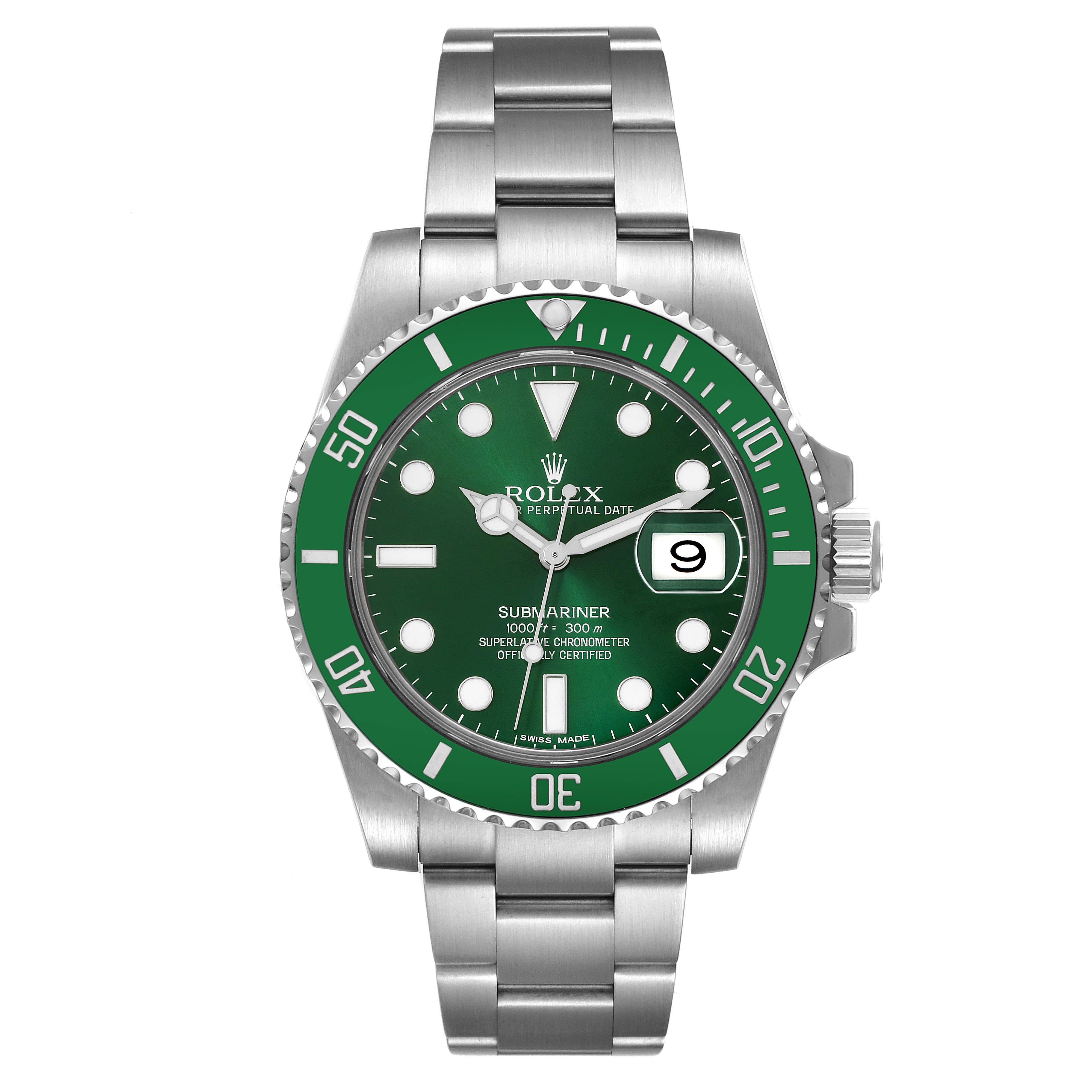 The image shows a front view of the Rolex Submariner 116610LV Men
s Stainless Steel Green Dial 116610LV Men
s Stainless Steel Green Dial, displaying the dial, bezel, bracelet, and crown.