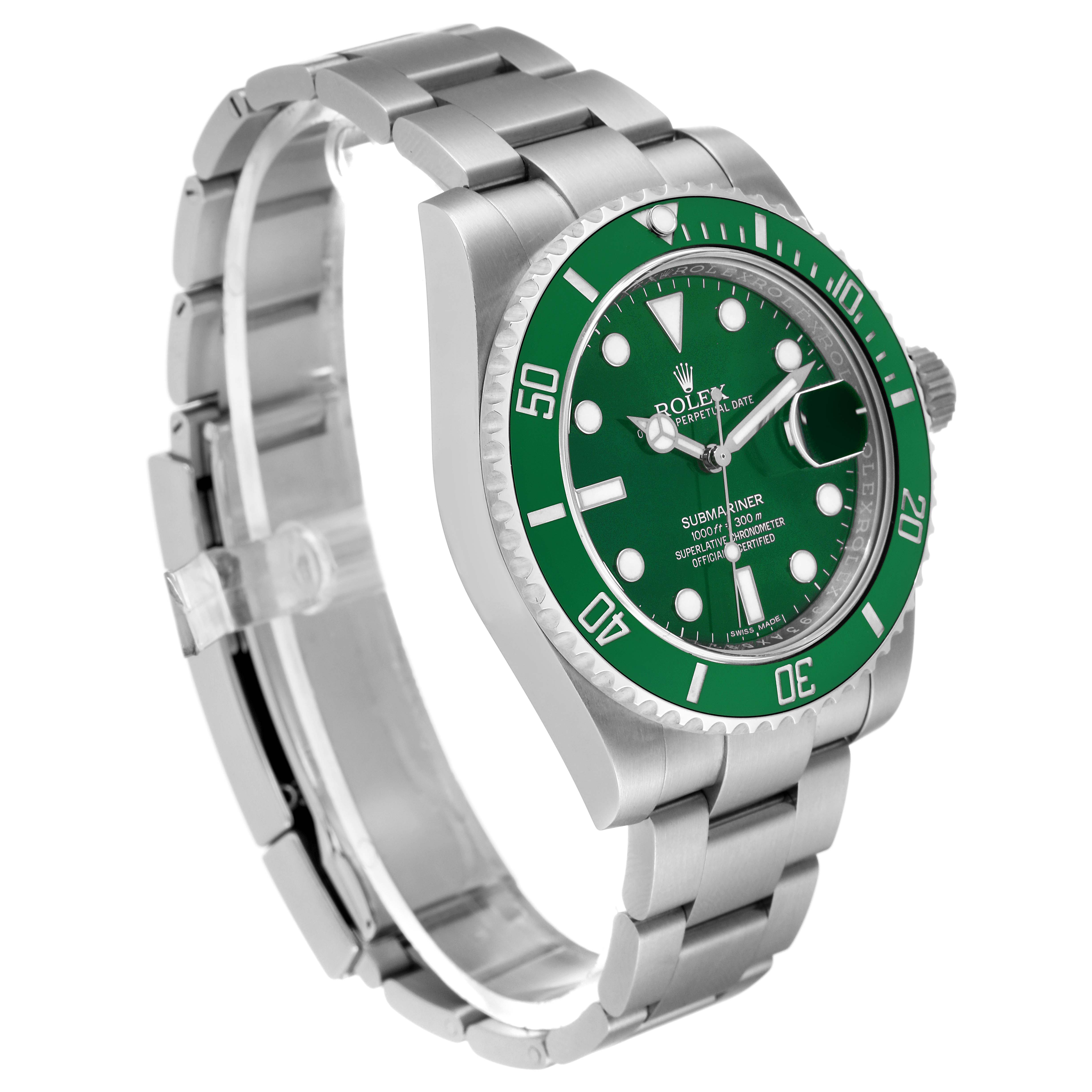 A Rolex Submariner 116610LV Men
s Stainless Steel Green Dial 116610LV Men
s Stainless Steel Green Dial watch is shown at a three-quarter angle, highlighting the face, bezel, case, and partially opened bracelet.