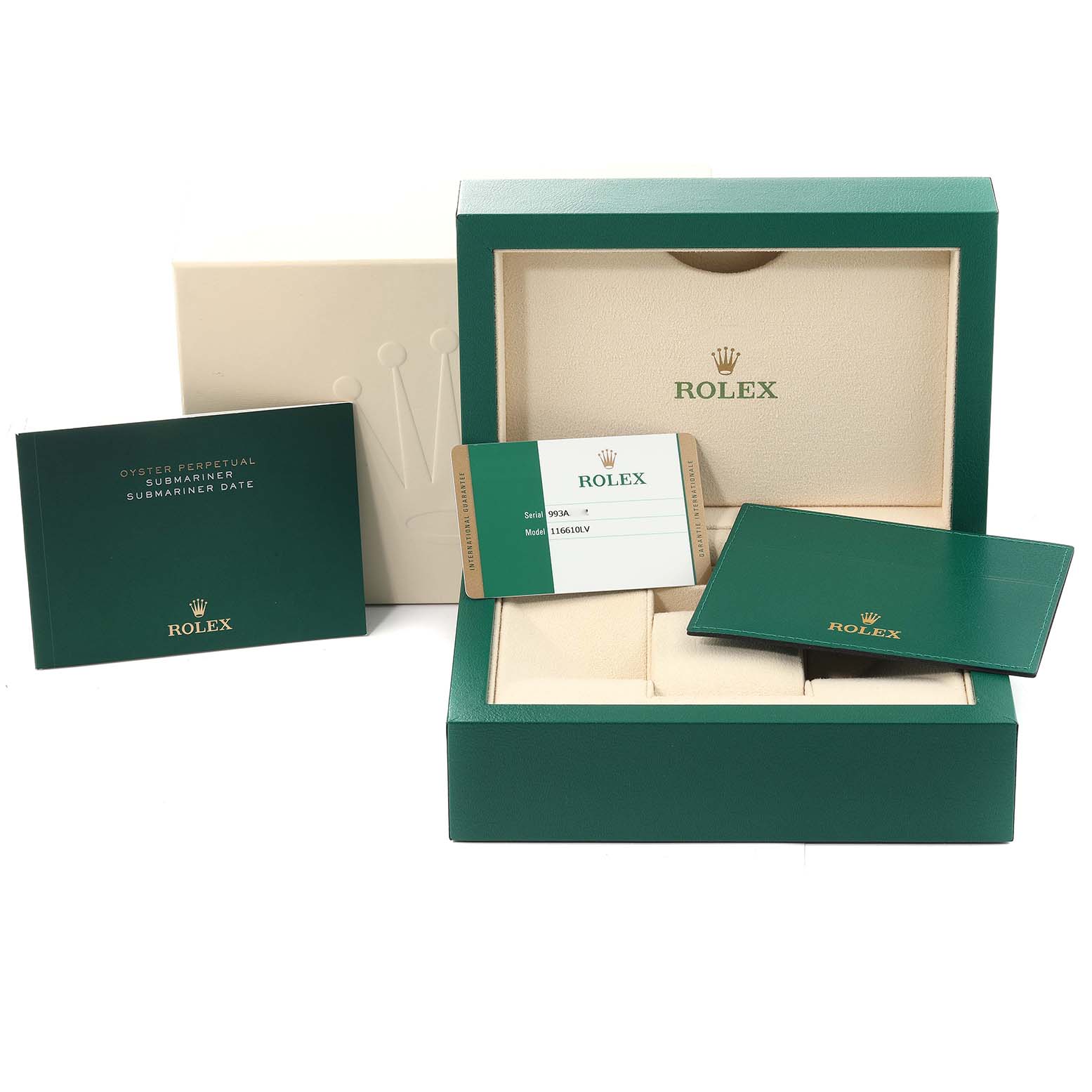The image shows the Rolex Submariner 116610LV Men
s Stainless Steel Green Dial 116610LV Men
s Stainless Steel Green Dial watch box, warranty card, and booklets from a front angle.
