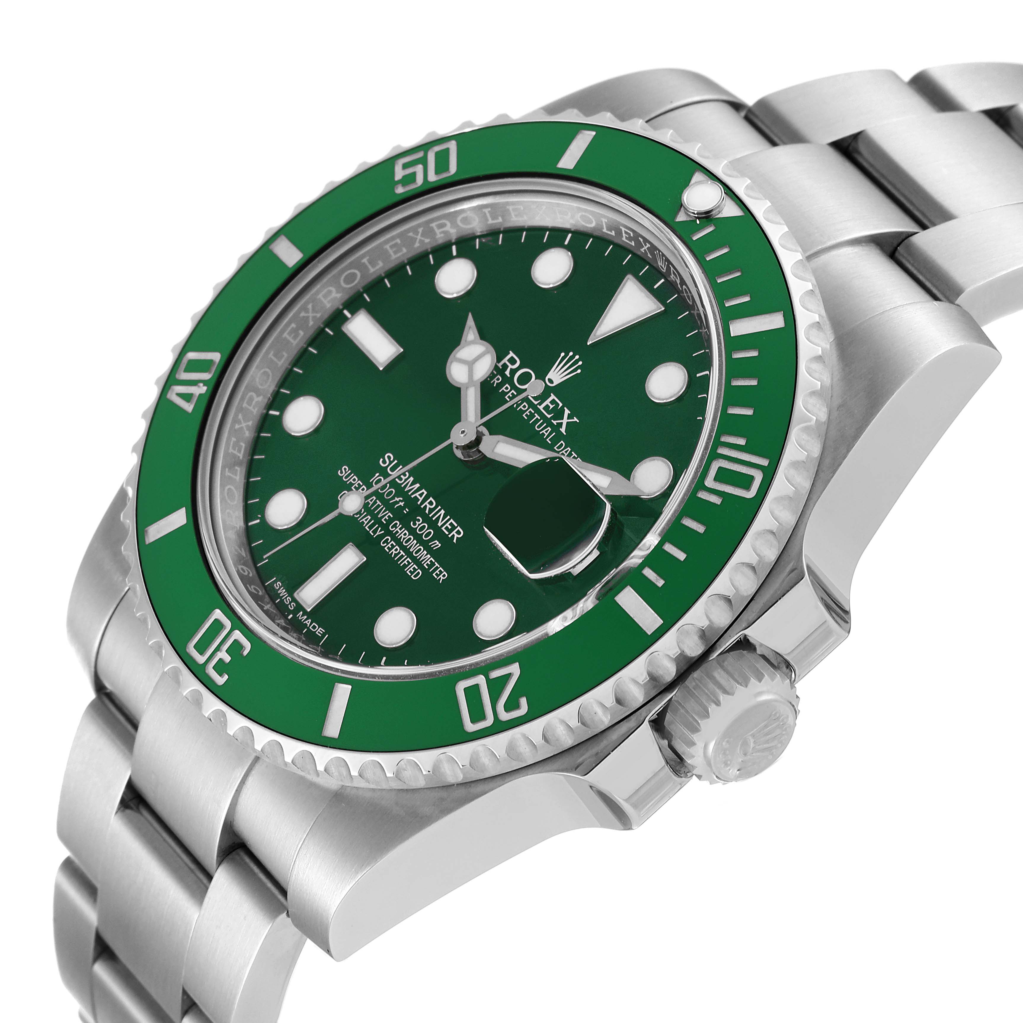 The image shows a Rolex Submariner 116610LV Men
s Stainless Steel Green Dial 116610LV Men
s Stainless Steel Green Dial watch angled to display the green dial, bezel, crown, and part of the bracelet.