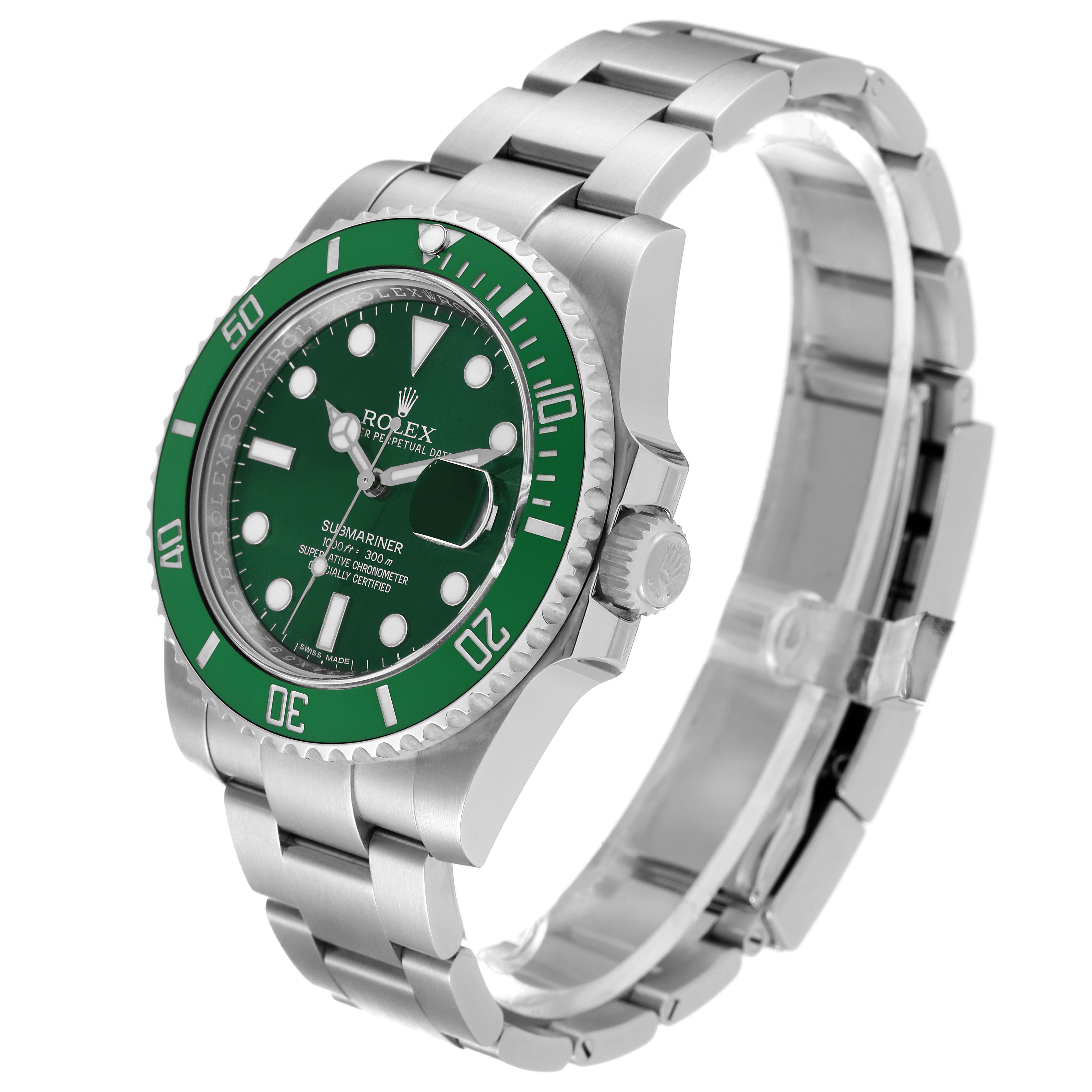 The image shows a Rolex Submariner 116610LV Men
s Stainless Steel Green Dial 116610LV Men
s Stainless Steel Green Dial watch at a three-quarter angle, highlighting the green bezel, green dial, and stainless steel bracelet.