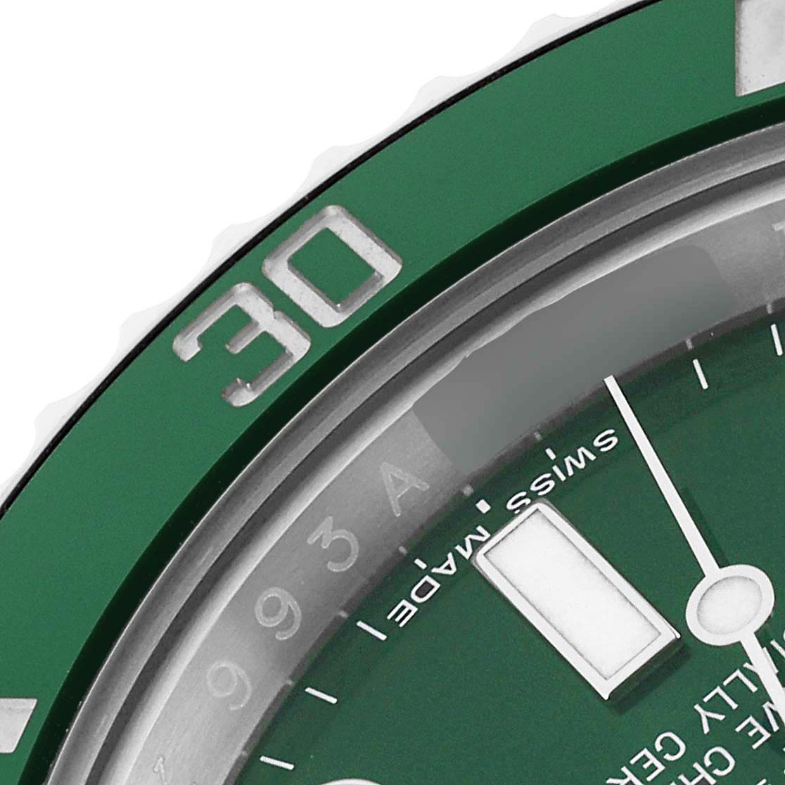 The image shows a close-up of the dial and bezel of a Rolex Submariner 116610LV Men
s Stainless Steel Green Dial 116610LV Men
s Stainless Steel Green Dial watch, focusing on the "30" marker.