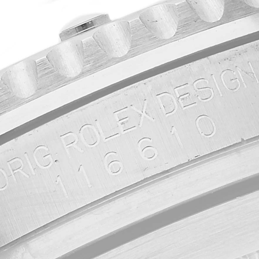 This close-up image shows the side engraving and bezel of a Rolex Submariner 116610LV Men
s Stainless Steel Green Dial 116610LV Men
s Stainless Steel Green Dial watch, model 116610.