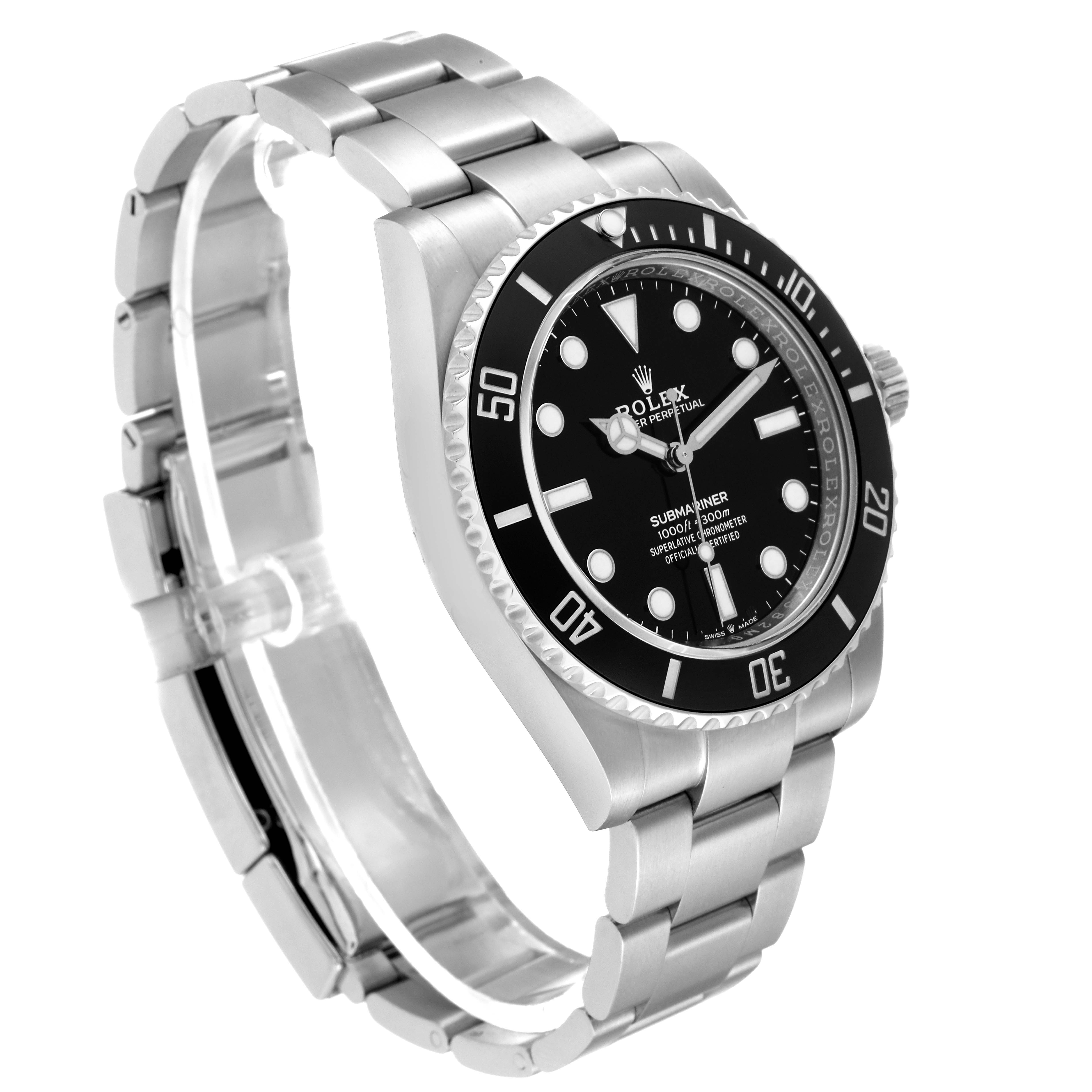 This image shows a Rolex Submariner 124060 Men
s Stainless Steel Black Dial 124060 Men
s Stainless Steel Black Dial watch from a 3/4 left front angle, displaying the face, bezel, and bracelet.