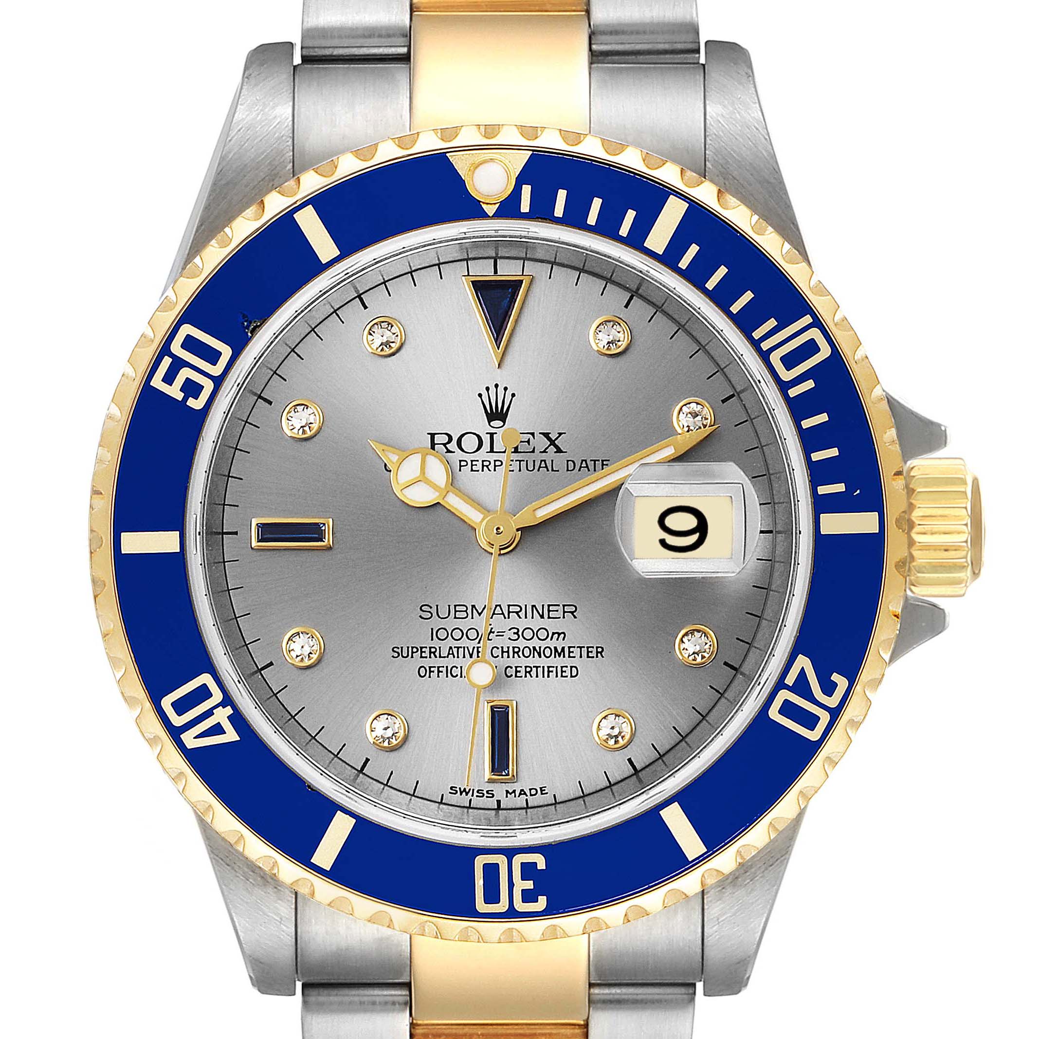 The image displays a front view of a Rolex Submariner 16613 Men
s Steel and Gold (two tone) Grey Dial 16613 Men
s Steel and Gold (two tone) Grey Dial watch, showing its dial, bezel, and part of its bracelet.