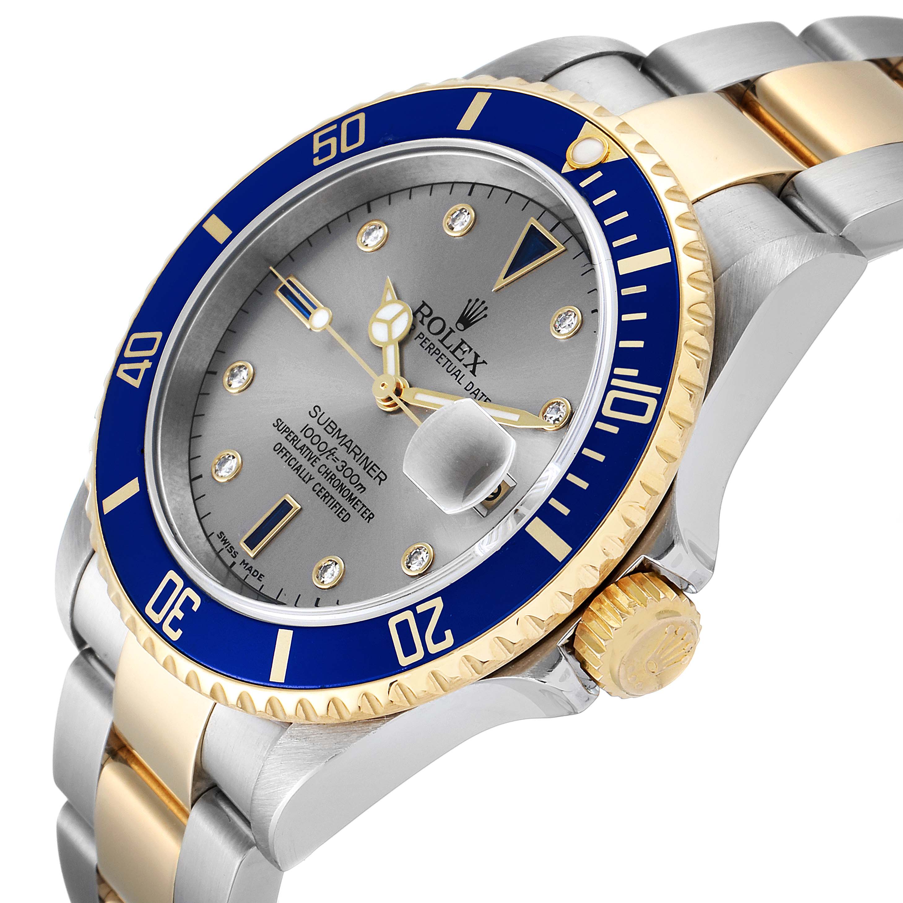 This image shows a close-up angled view of the Rolex Submariner 16613 Men
s Steel and Gold (two tone) Grey Dial 16613 Men
s Steel and Gold (two tone) Grey Dial, highlighting its blue bezel, round dial, and gold crown.