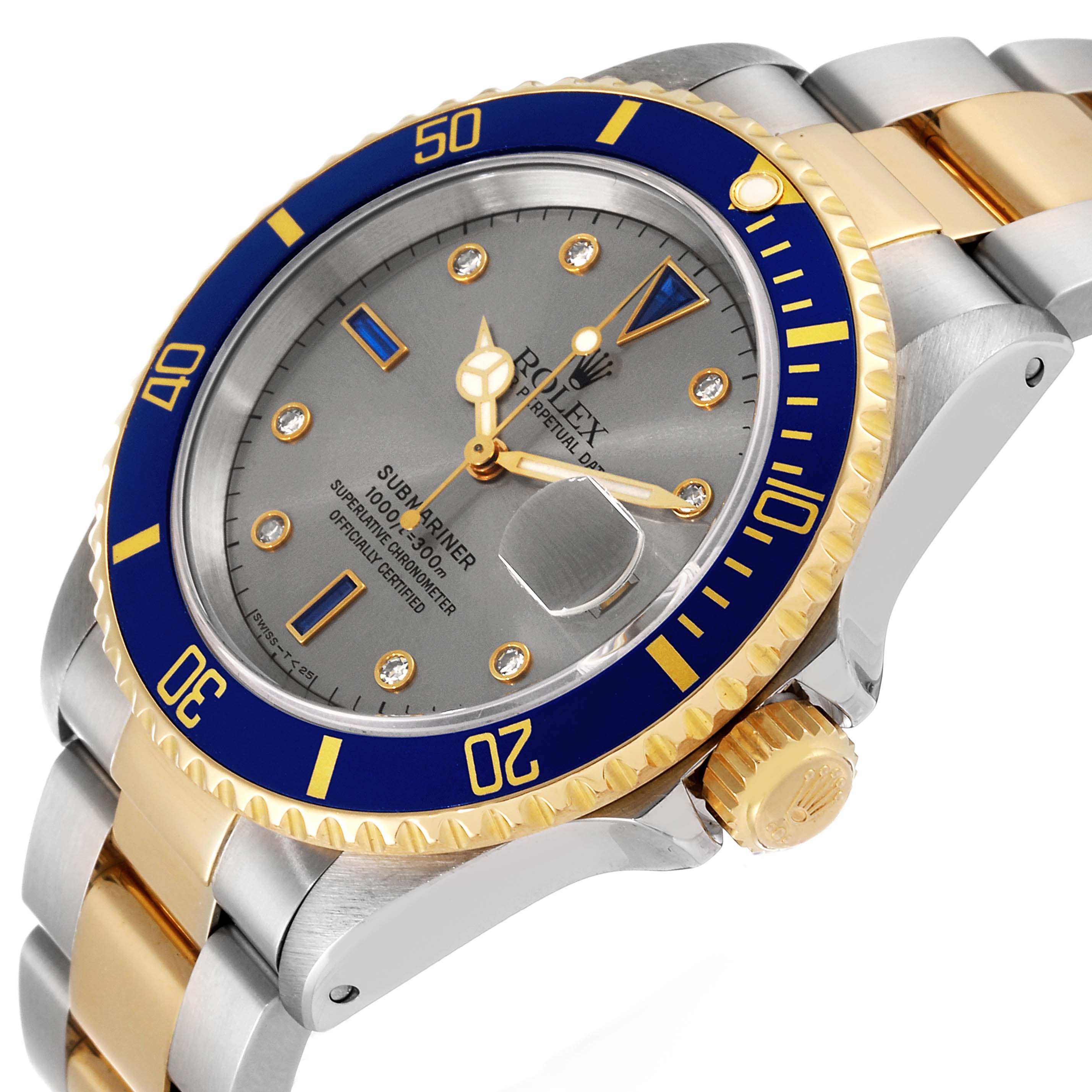 The image shows a Rolex Submariner 16613 Men's Steel and Gold (two tone) Grey Dial 16613 Men's Steel and Gold (two tone) Grey Dial watch at a front angle, highlighting the dial, bezel, date magnifier, and bracelet.