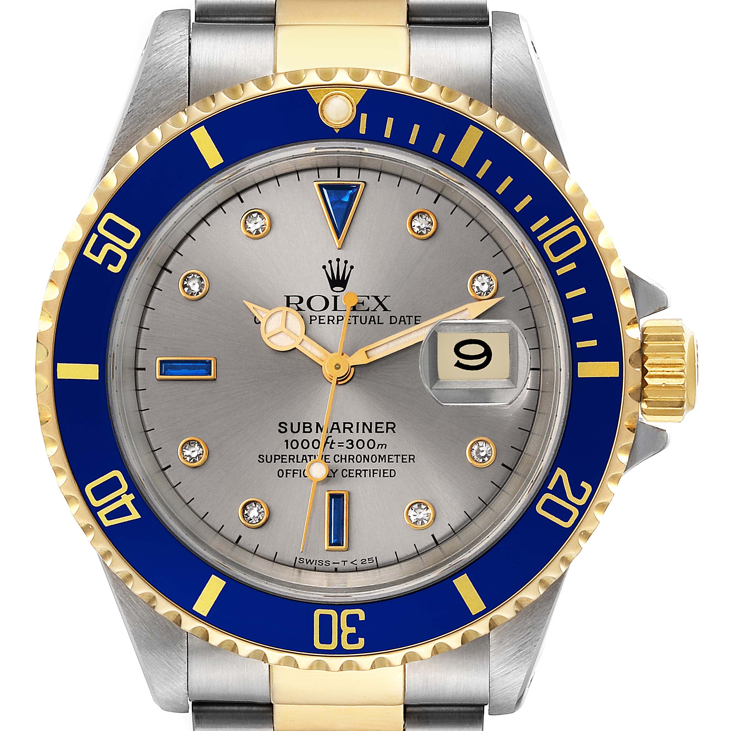 The image shows a close-up, front view of a Rolex Submariner 16613 Men's Steel and Gold (two tone) Grey Dial 16613 Men's Steel and Gold (two tone) Grey Dial watch, highlighting the dial, bezel, and part of the bracelet.