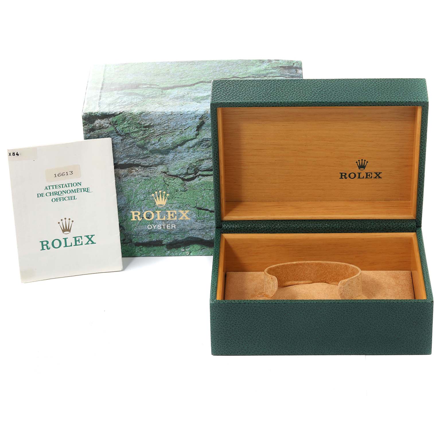 The image shows the packaging and documentation for a Rolex Submariner 16613 Men's Steel and Gold (two tone) Grey Dial 16613 Men's Steel and Gold (two tone) Grey Dial, including the outer box, green inner box, and warranty booklet.