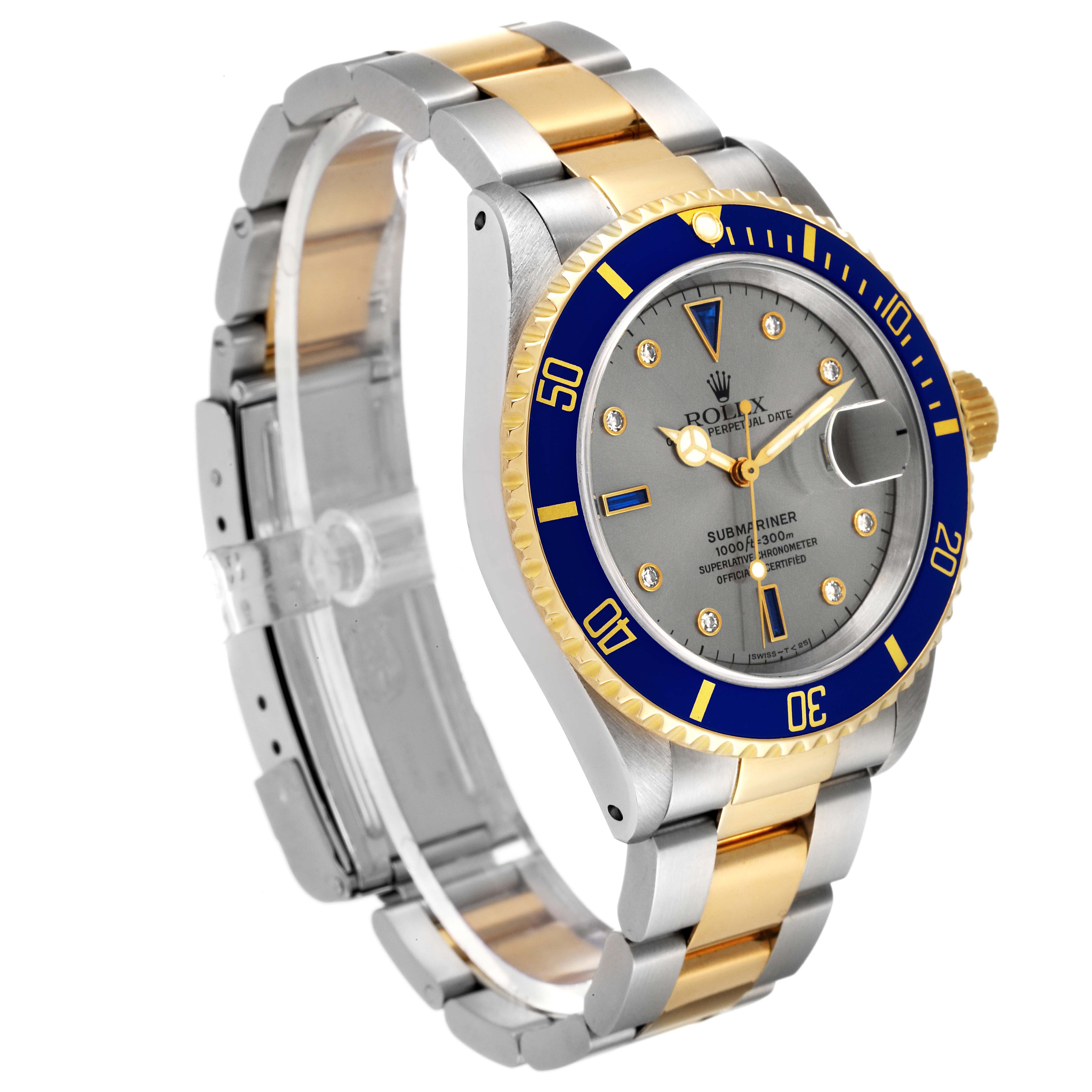 This image shows a Rolex Submariner 16613 Men's Steel and Gold (two tone) Grey Dial 16613 Men's Steel and Gold (two tone) Grey Dial watch in a three-quarter view, highlighting the dial, bezel, crown, and bracelet.