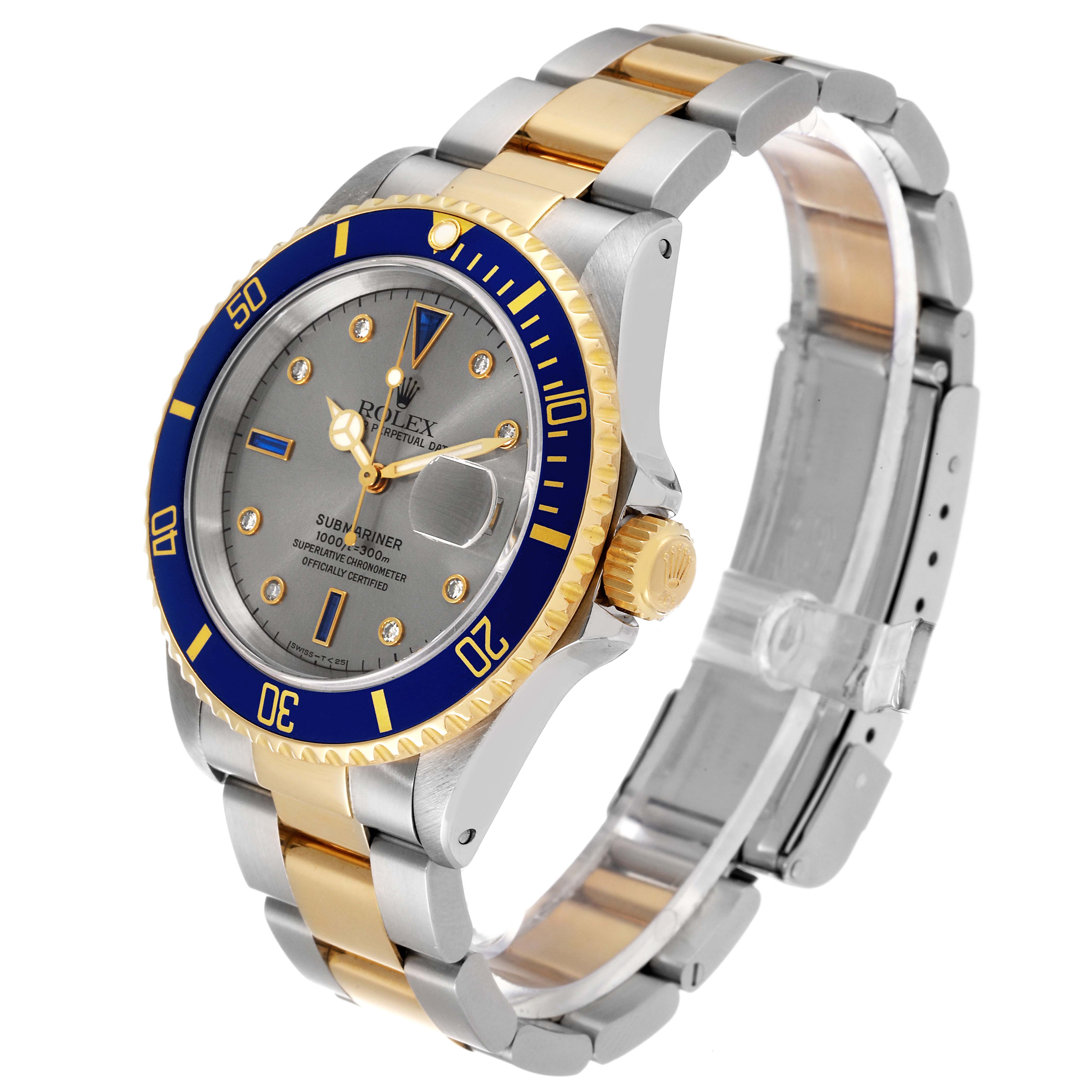 This image shows a Rolex Submariner 16613 Men's Steel and Gold (two tone) Grey Dial 16613 Men's Steel and Gold (two tone) Grey Dial watch at a three-quarter angle, highlighting its bezel, dial, crown, and two-tone bracelet.