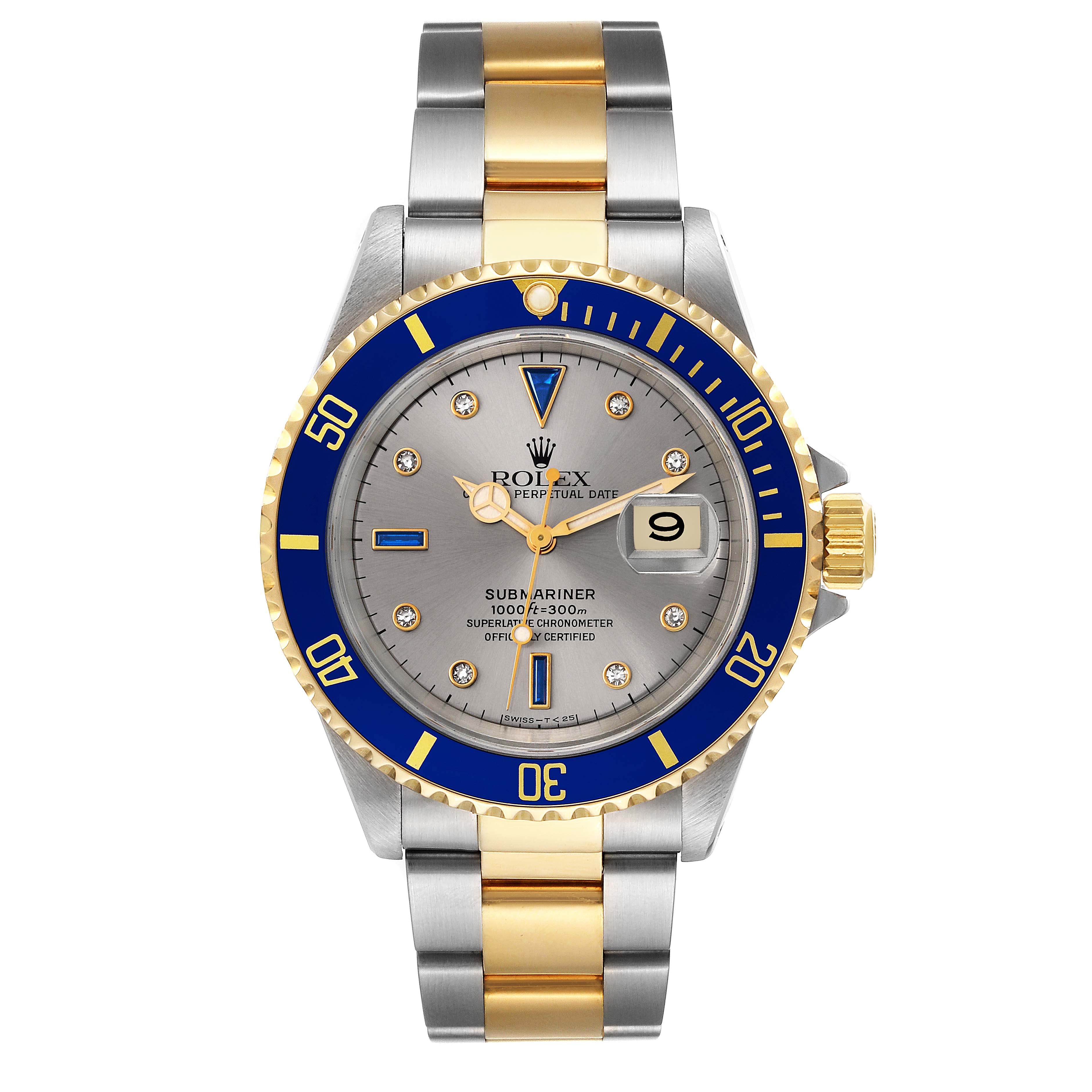 The image shows a front view of a Rolex Submariner 16613 Men's Steel and Gold (two tone) Grey Dial 16613 Men's Steel and Gold (two tone) Grey Dial watch, highlighting its blue bezel, gold and silver bracelet, and grey dial.