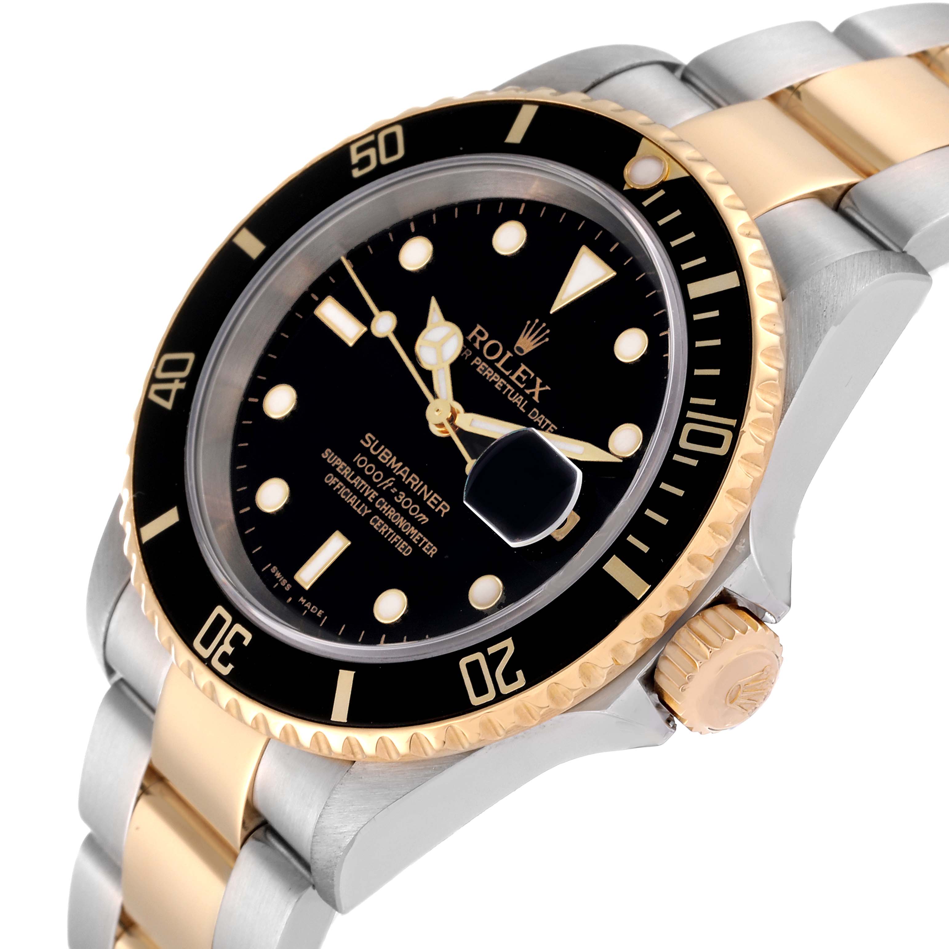 The image shows a close-up, angled view of the Rolex Submariner 16613 Men's Steel and Gold (two tone) Black Dial 16613 Men's Steel and Gold (two tone) Black Dial watch, highlighting its bezel, crown, and two-tone bracelet.