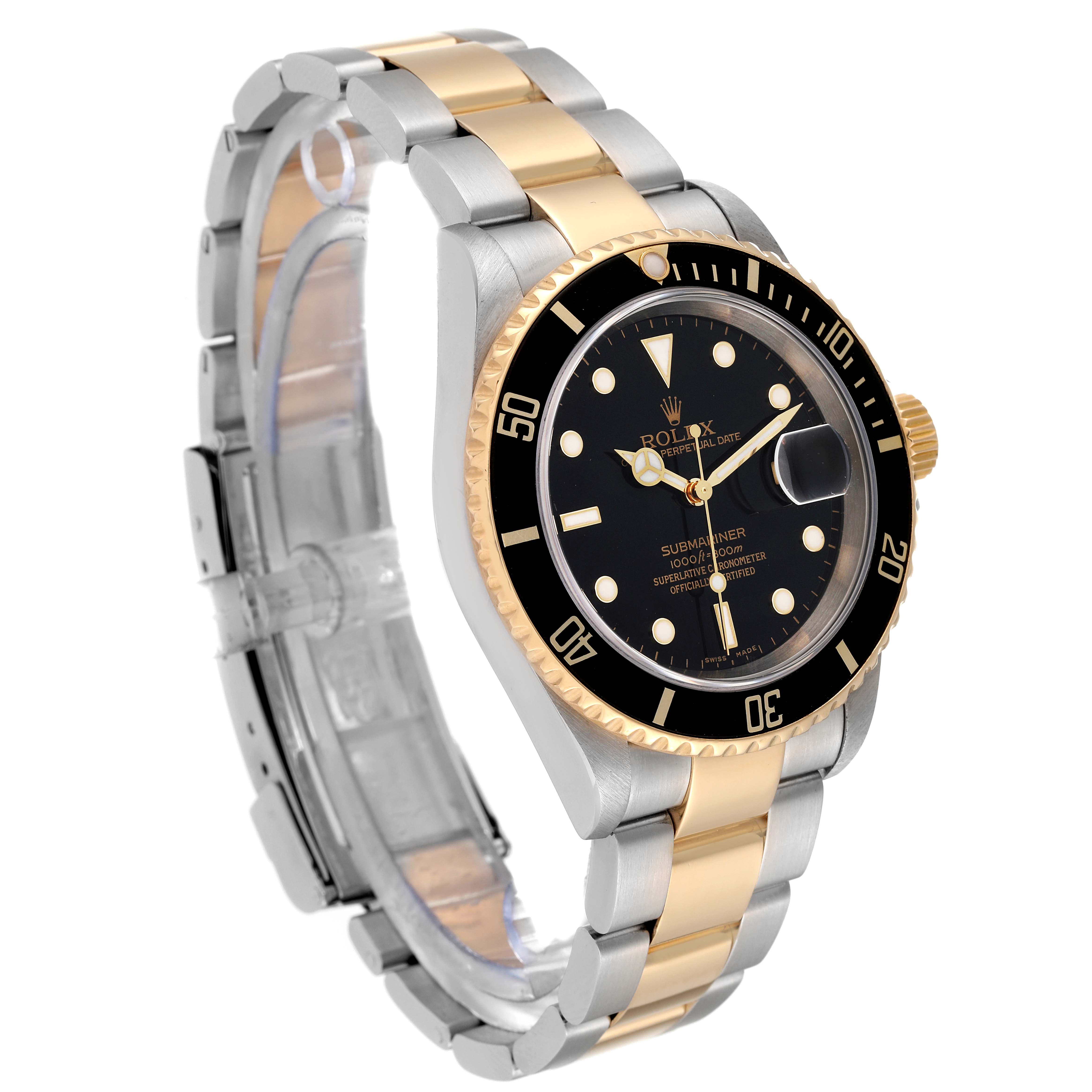 The Rolex Submariner 16613 Men's Steel and Gold (two tone) Black Dial 16613 Men's Steel and Gold (two tone) Black Dial watch is shown at an angle displaying its face, bezel, crown, and bracelet.