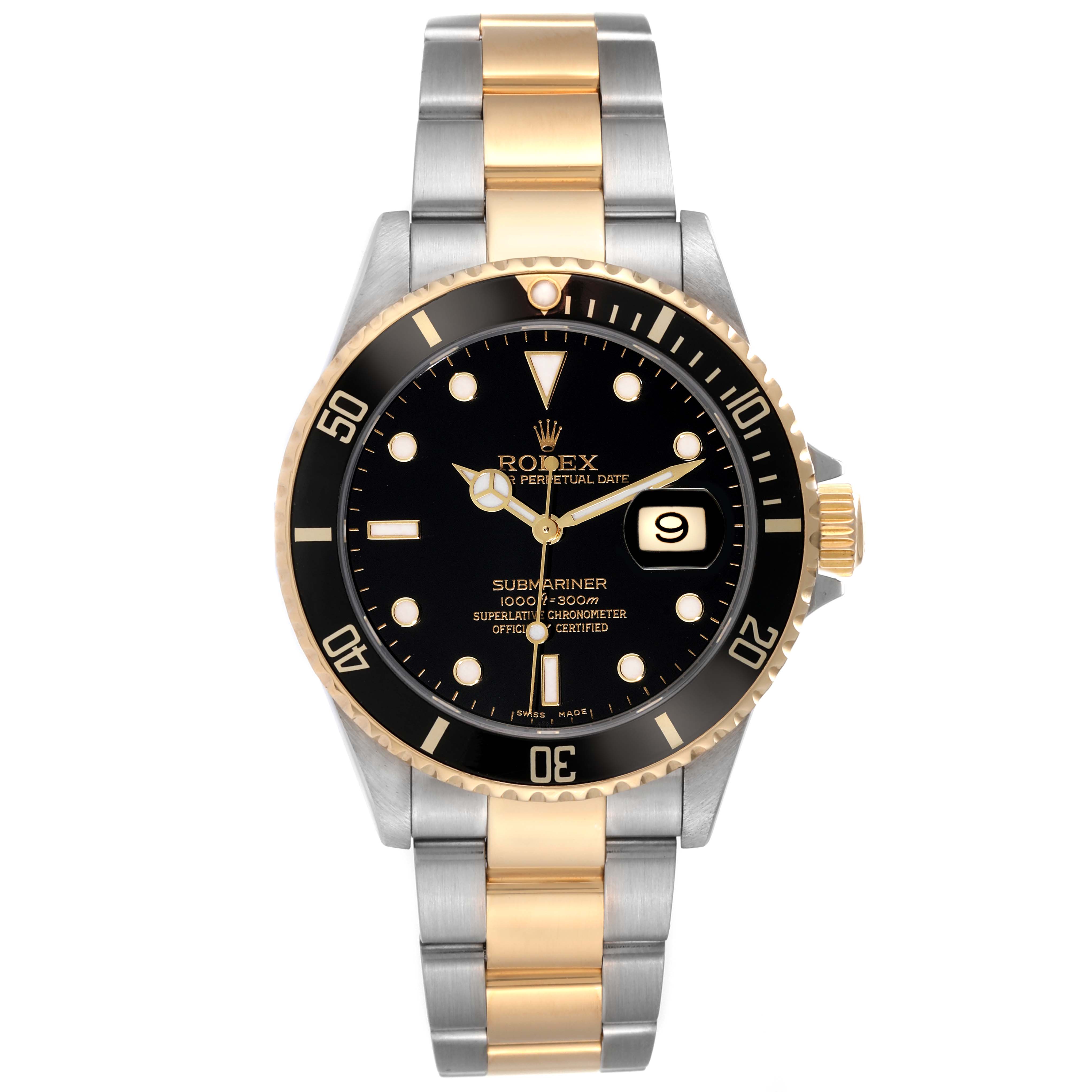 This image shows a frontal view of a Rolex Submariner 16613 Men's Steel and Gold (two tone) Black Dial 16613 Men's Steel and Gold (two tone) Black Dial watch, featuring a two-tone stainless steel and gold bracelet and a black dial.