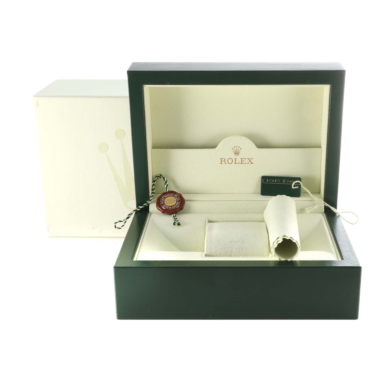 The image shows an open box for a Rolex Submariner 16613 Men's Steel and Gold (two tone) Black Dial 16613 Men's Steel and Gold (two tone) Black Dial watch, displaying accessories like a tag, a cloth, and a booklet.