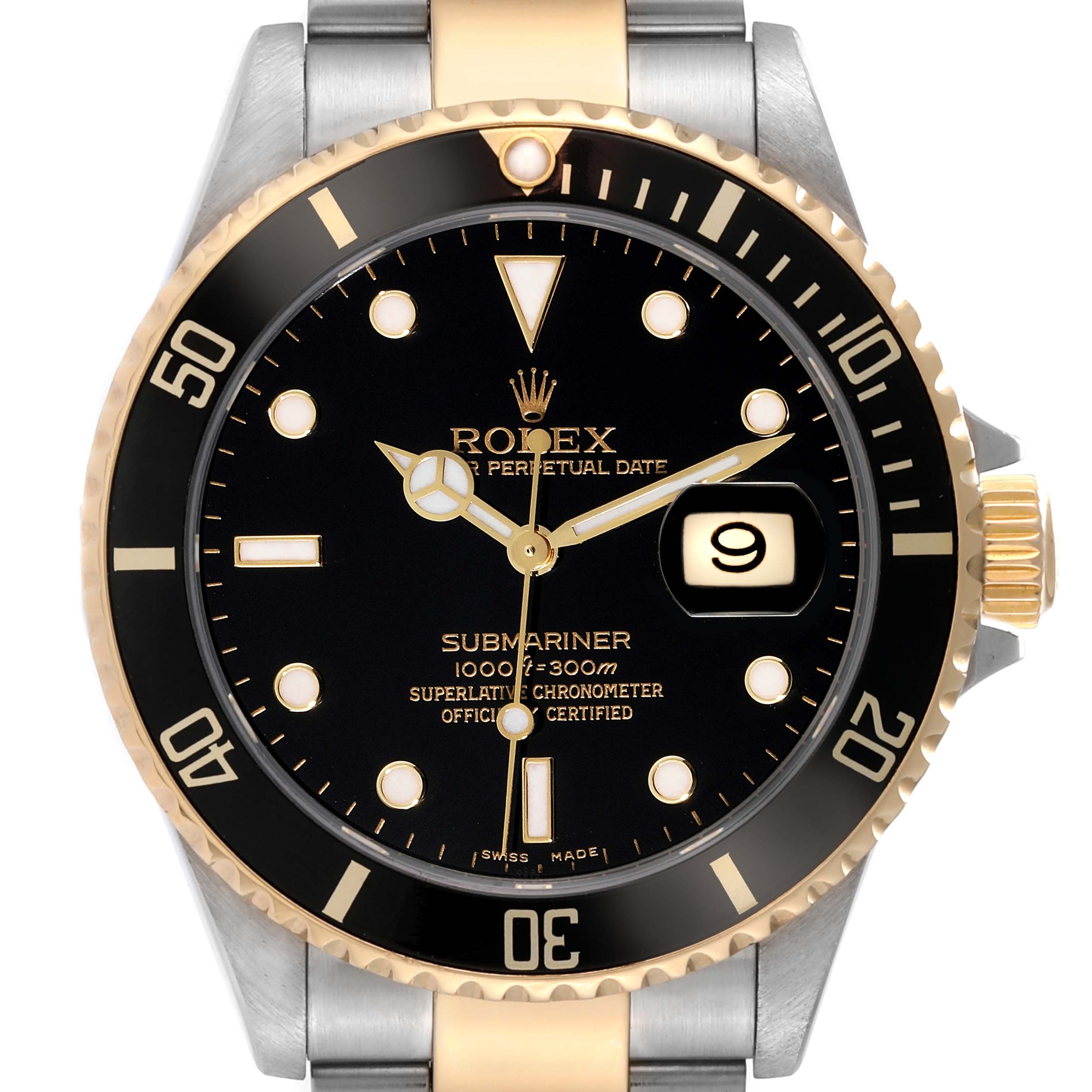 The image shows a front view of a Rolex Submariner 16613 Men's Steel and Gold (two tone) Black Dial 16613 Men's Steel and Gold (two tone) Black Dial watch displaying the face, bezel, and part of the bracelet.