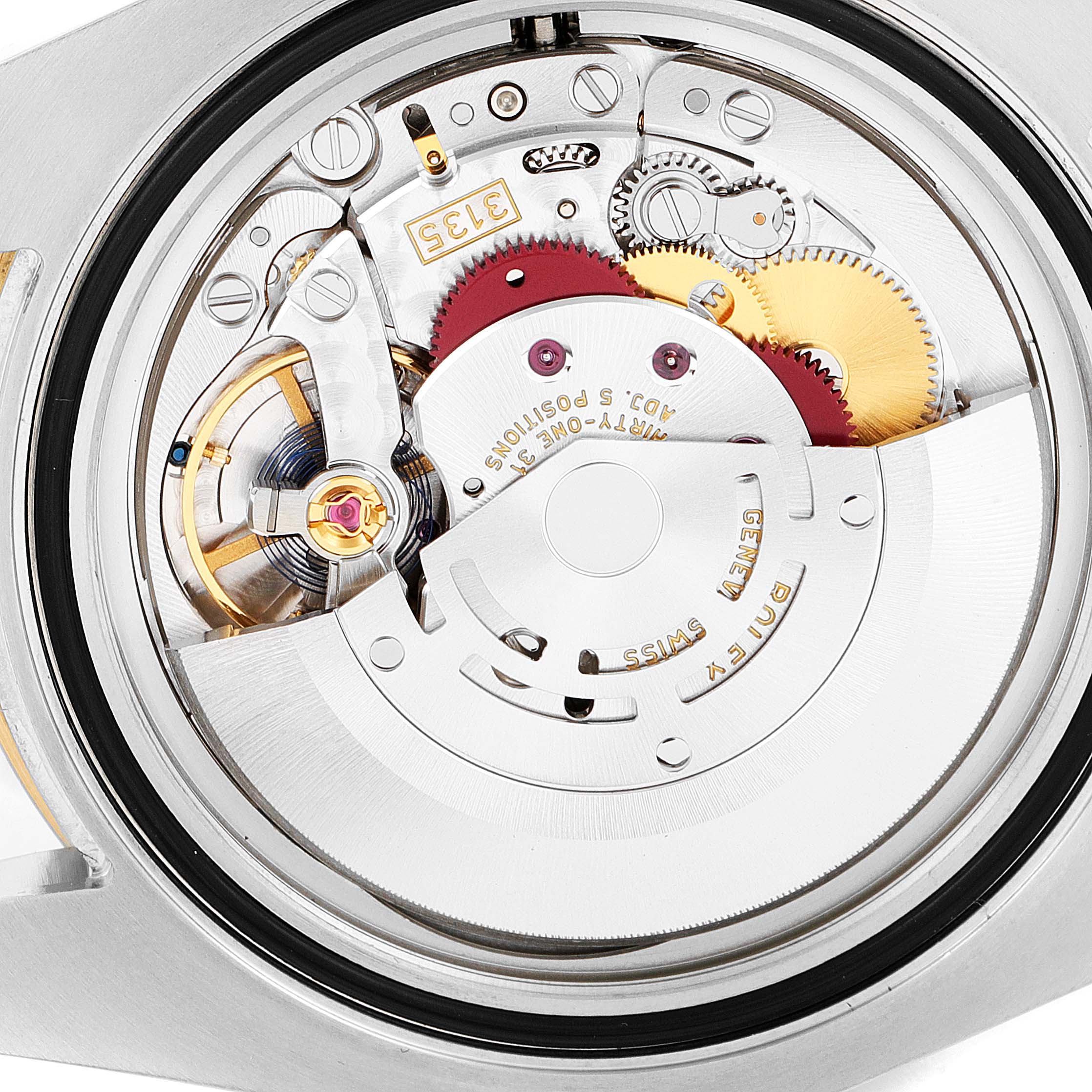 This image shows a close-up of the movement mechanism of a Rolex Submariner 116613 Men's Steel and Gold (two tone) Blue Dial 116613 Men's Steel and Gold (two tone) Blue Dial watch from the rear side.