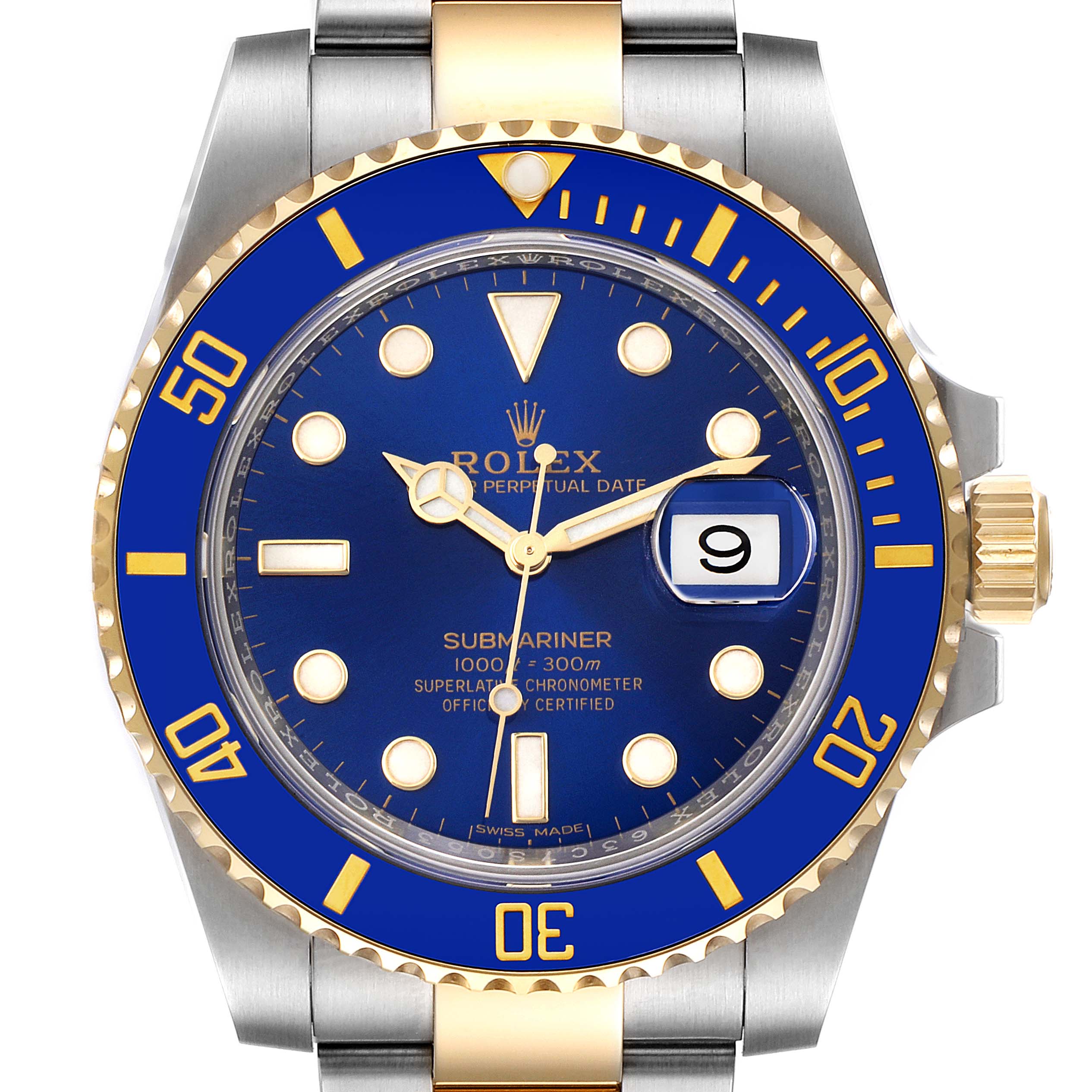 The image shows a front view of a Rolex Submariner 116613 Men's Steel and Gold (two tone) Blue Dial 116613 Men's Steel and Gold (two tone) Blue Dial watch, featuring a blue dial, gold accents, and a date window at 3 o'clock.