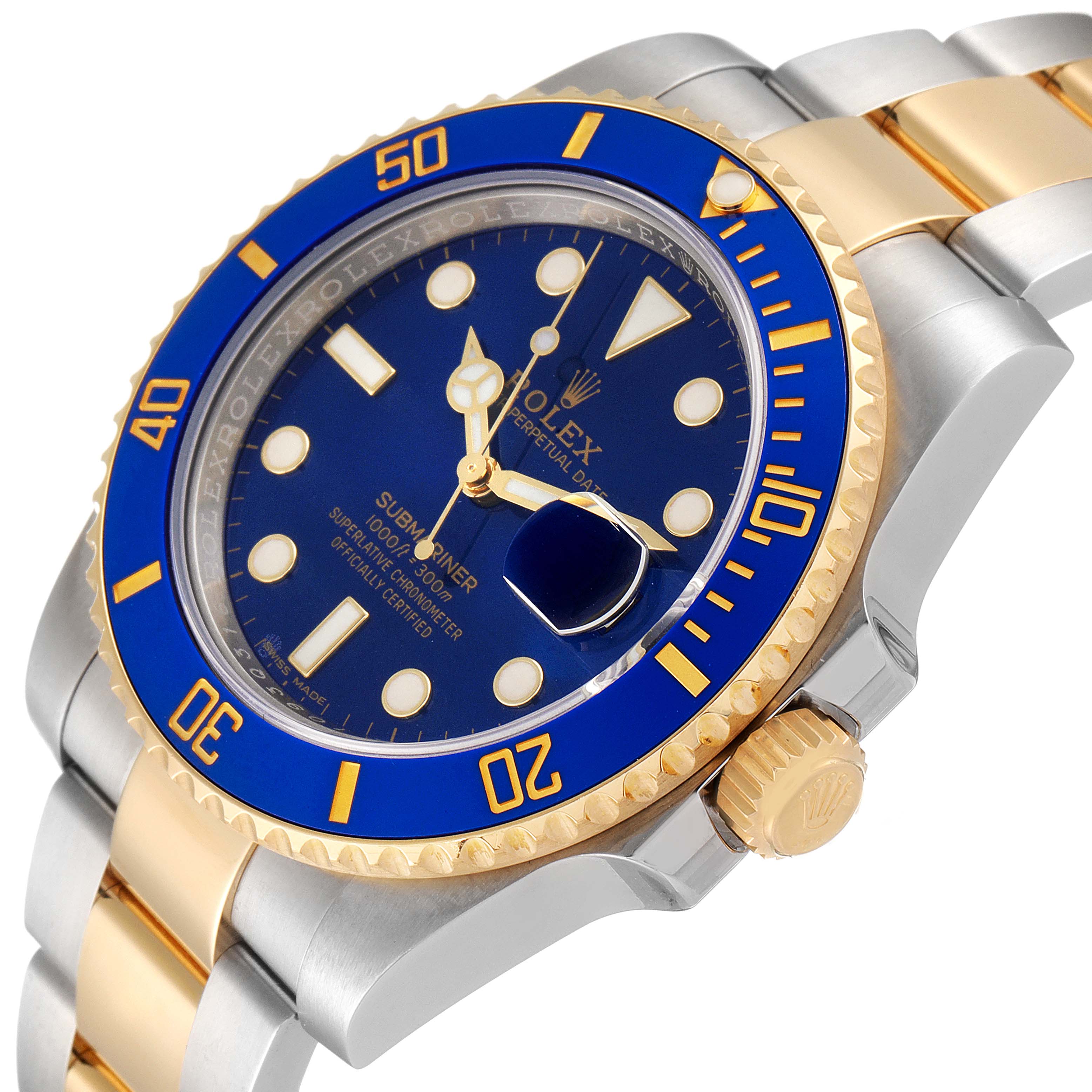 The image shows a side-angle view of a Rolex Submariner 116613 Men's Steel and Gold (two tone) Blue Dial 116613 Men's Steel and Gold (two tone) Blue Dial watch with a blue dial and bezel, and a two-tone bracelet.