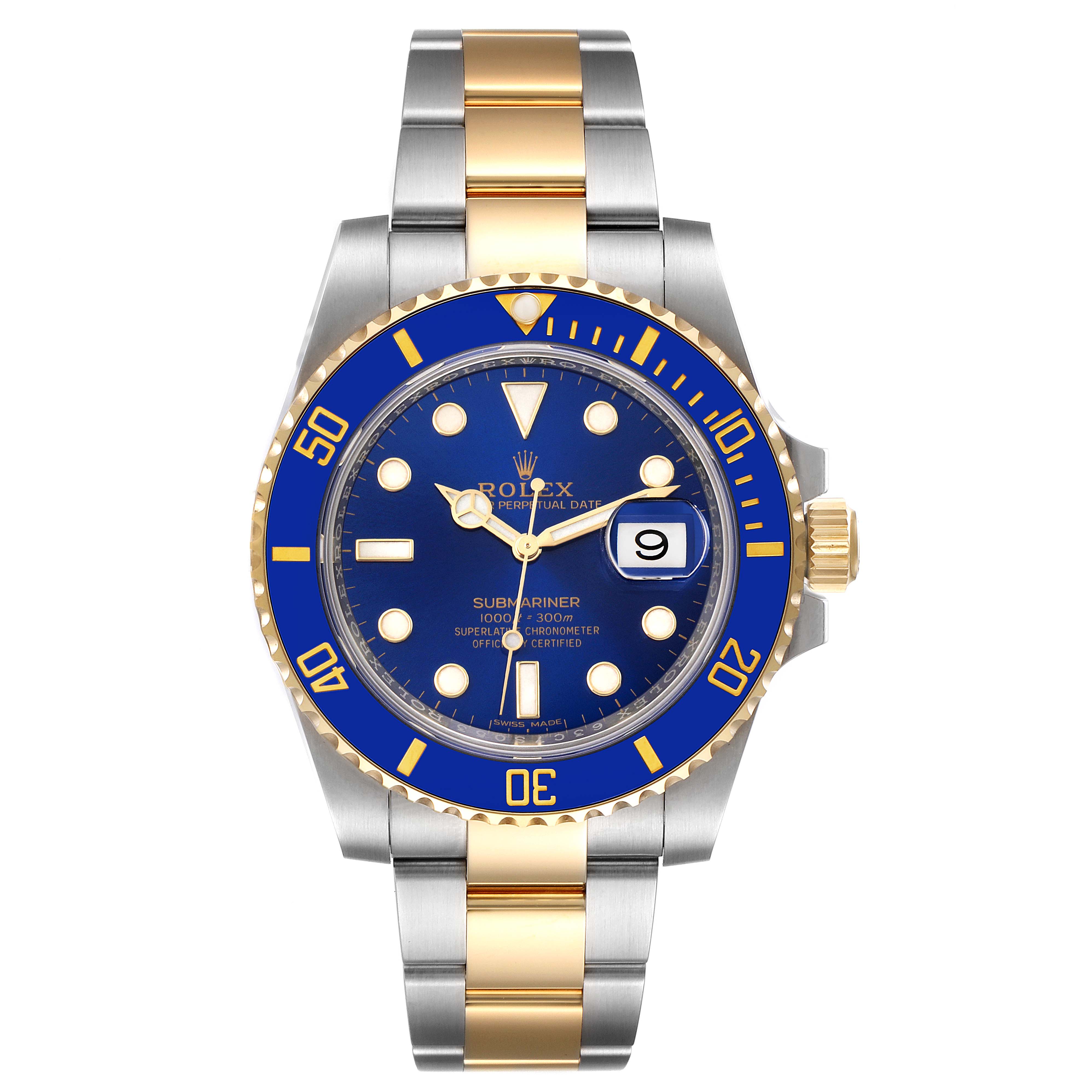 This image shows a front view of a Rolex Submariner 116613 Men's Steel and Gold (two tone) Blue Dial 116613 Men's Steel and Gold (two tone) Blue Dial watch, highlighting its blue dial, bezel, and two-tone bracelet.